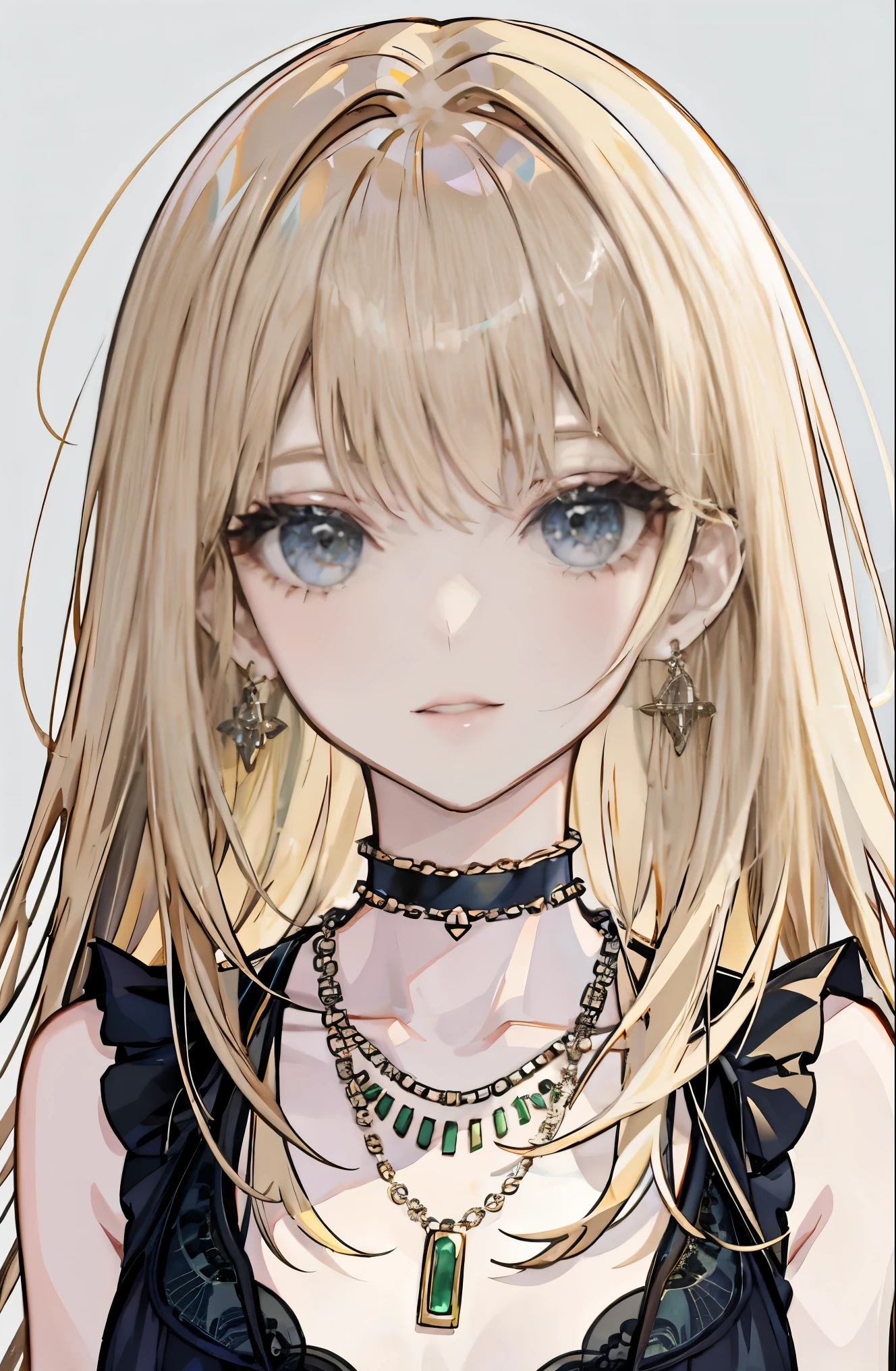 1girl, jewelry, earrings,, solo, long hair, blonde beige hair, messy hair, long hair bangs, green beautiful eyes, beautiful detailed eyes, looking at viewer, expressionless, closed mouth, necklace, choker, portrait, bangs, upper body,bad-girl, small breasts ,