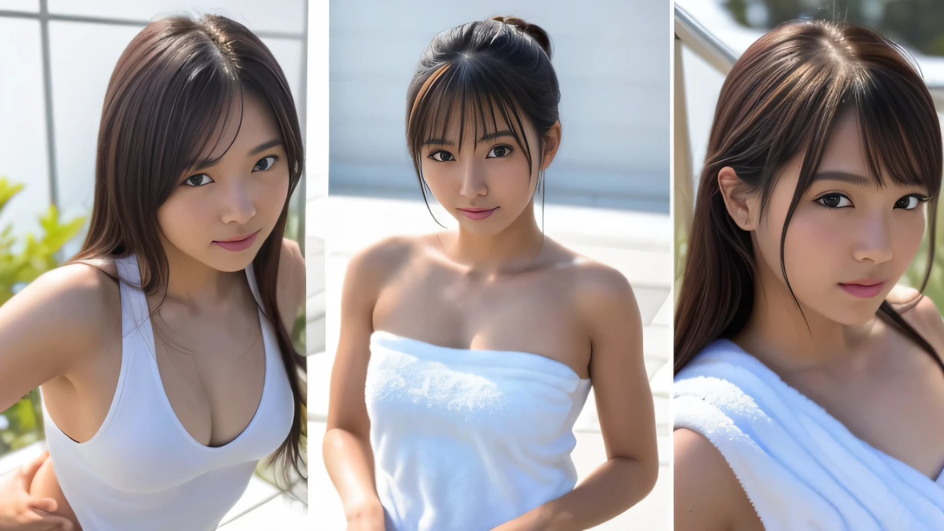 the body and face turn in the direction of the viewer, ((Towel barely)), ((Best quality)), ((masterpiece)), ((photorealistic)), ((ultra high res)), (8K raw photo), 20 years old, beautiful face, cute small_breasts, ((Perfect Face)), brunette, full shot of beautiful girls, detailed skin, detailed background, finely detailed, 8k uhd, dslr, detailed fingers, skintight, some steam, 3cute girls in a public bath,, (photo of the upper body), 最高品質、(解剖学的に正確な身体)、濡れた髪、naked towels, not NSFW,