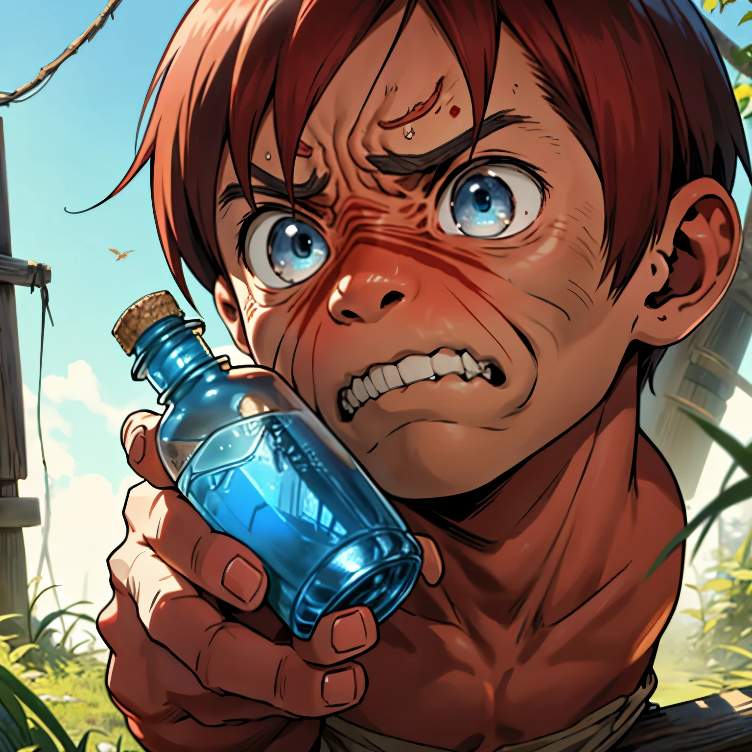 Colossal Titan Chibi: (Cute and Small Version of Colossal Titan), A diminutive yet imposing Colossal Titan figure,ACH works, overgrown appearance, blue eyes, mouth agape, arms folded across chest, intricate details, chibi style, holding a miniature Serum bottle, expression shows determination or mischief.