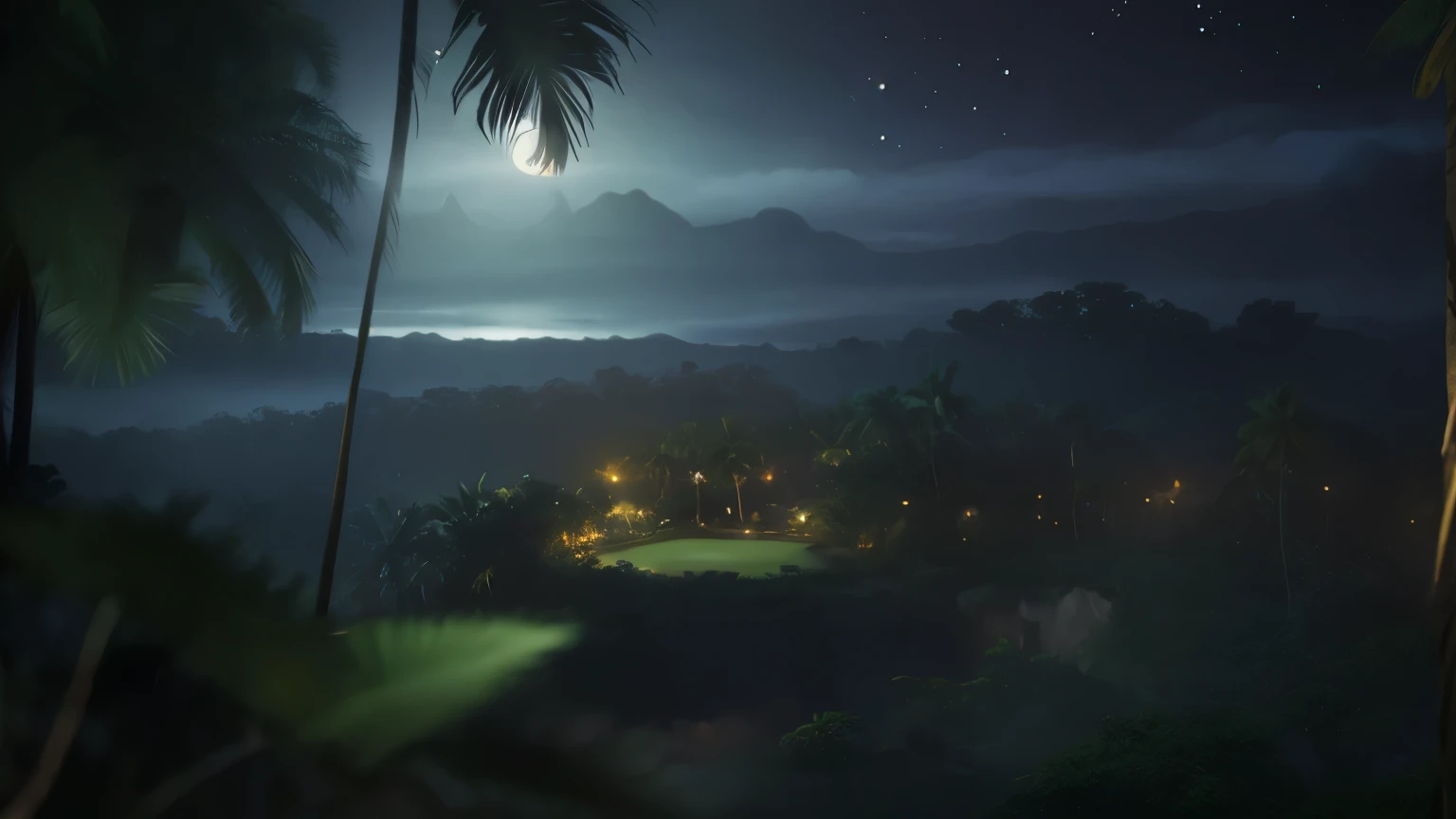 nighttime scene of a golf course with palm trees and a full moon, dreamy matte painting, fantasy atmospheric lighting, nighttime foreground, beautiful mattepainting, background artwork, game art matte painting, realistic fantasy render, fantasy matte painting,cute, moonlit kerala village, luminescent matte painting, matte digital painting, in a deep lush jungle at night, dramatic lighting. concept art, clear hd photo