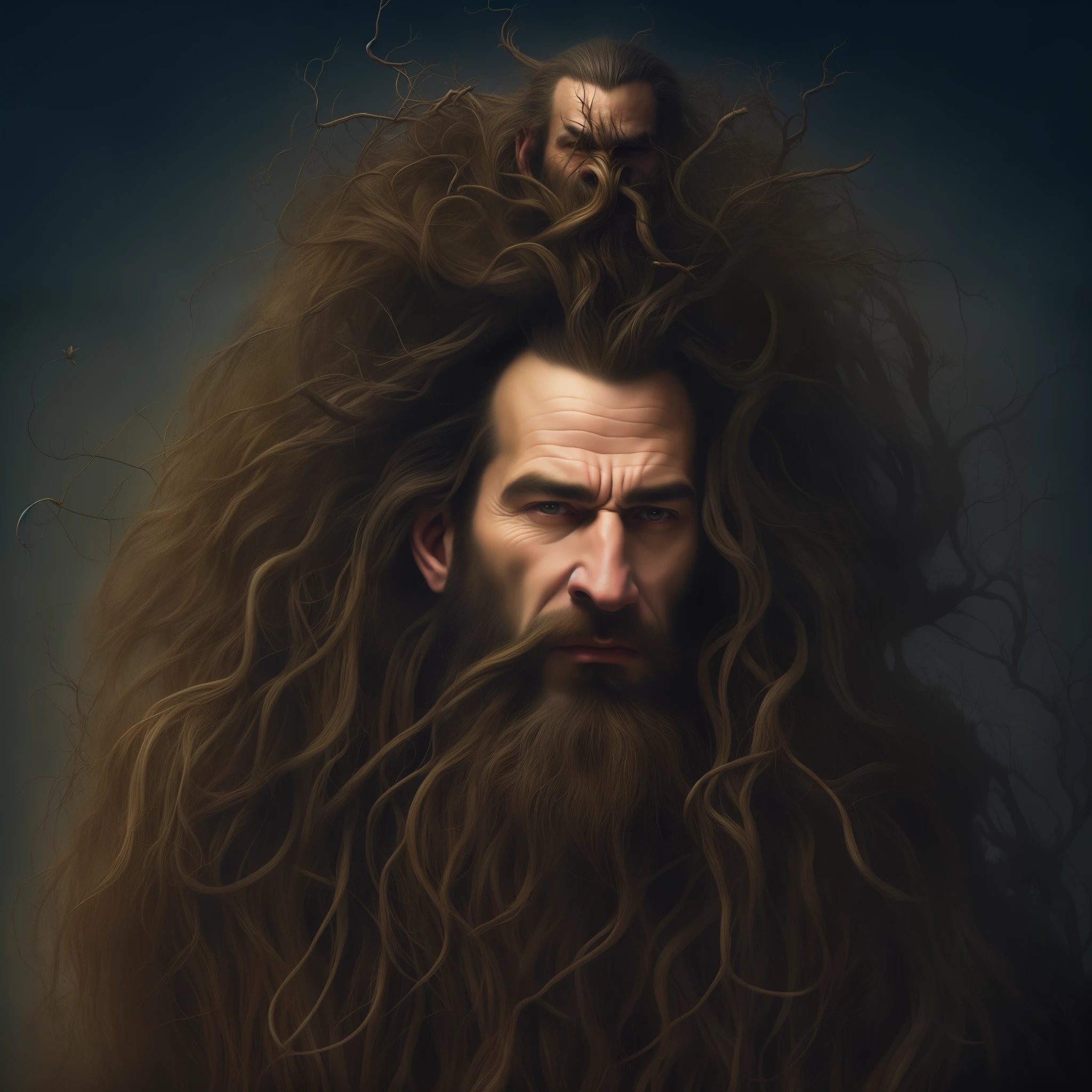 arafed man with a large pile of branches on his head, his head covered in roots, inspired by Igor Morski, sylvain sarrailh and igor morski, beautiful hairy humanoids, hyperdetailed fantasy character, branches growing as hair, spaghetti beard, fantasy male portrait, by Igor Morski, hair made of trees