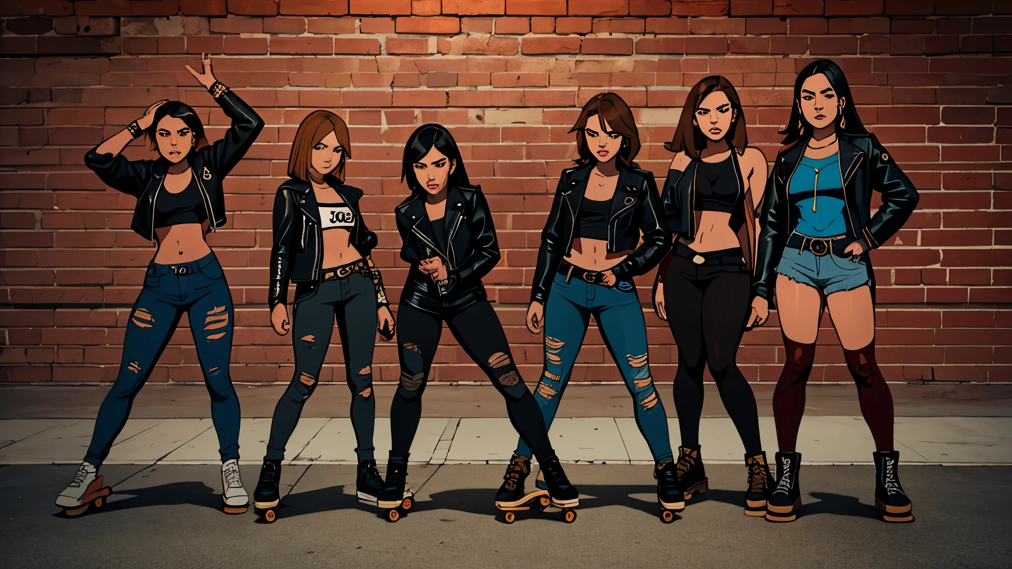 A diverse group of rebellious girls, clad in leather jackets and ripped jeans, strike a pose with their skateboards against a gritty brick wall. The high definition rendering captures every detail of their fierce attitude and edgy style.