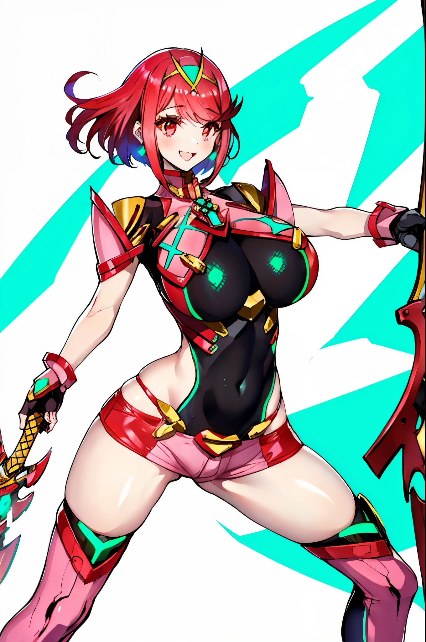 pyra \(xenoblade\), _1girl, , bangs, black gloves, breasts, red eyes, shout, earrings, eyelashes, fingerless gloves, floating hair, , gem, gloves, hair ornament, headpiece, jewelry, big_breasts, leaning back, swimsuit, neon trim, official art, pose, red hair, saitou masatsugu, short hair, sidelocks, skin tight, solo, swept bangs, thighhighs, tiara, fantasy_town_background, underbust, xenoblade chronicles \(series\), (xenoblade chronicles 2), (spread_legs:1.1), fire_effect,fighting,light_smile, big_ass,huge_sword, hold_large_sword_hilt, covered_nipples, covered_pussy, fists,beautiful_fingers,(solo:1.1), bare_shoulder,(shoulder_naked:1.2), (very_short_shorts:1.3),(lise_leg:1.4)