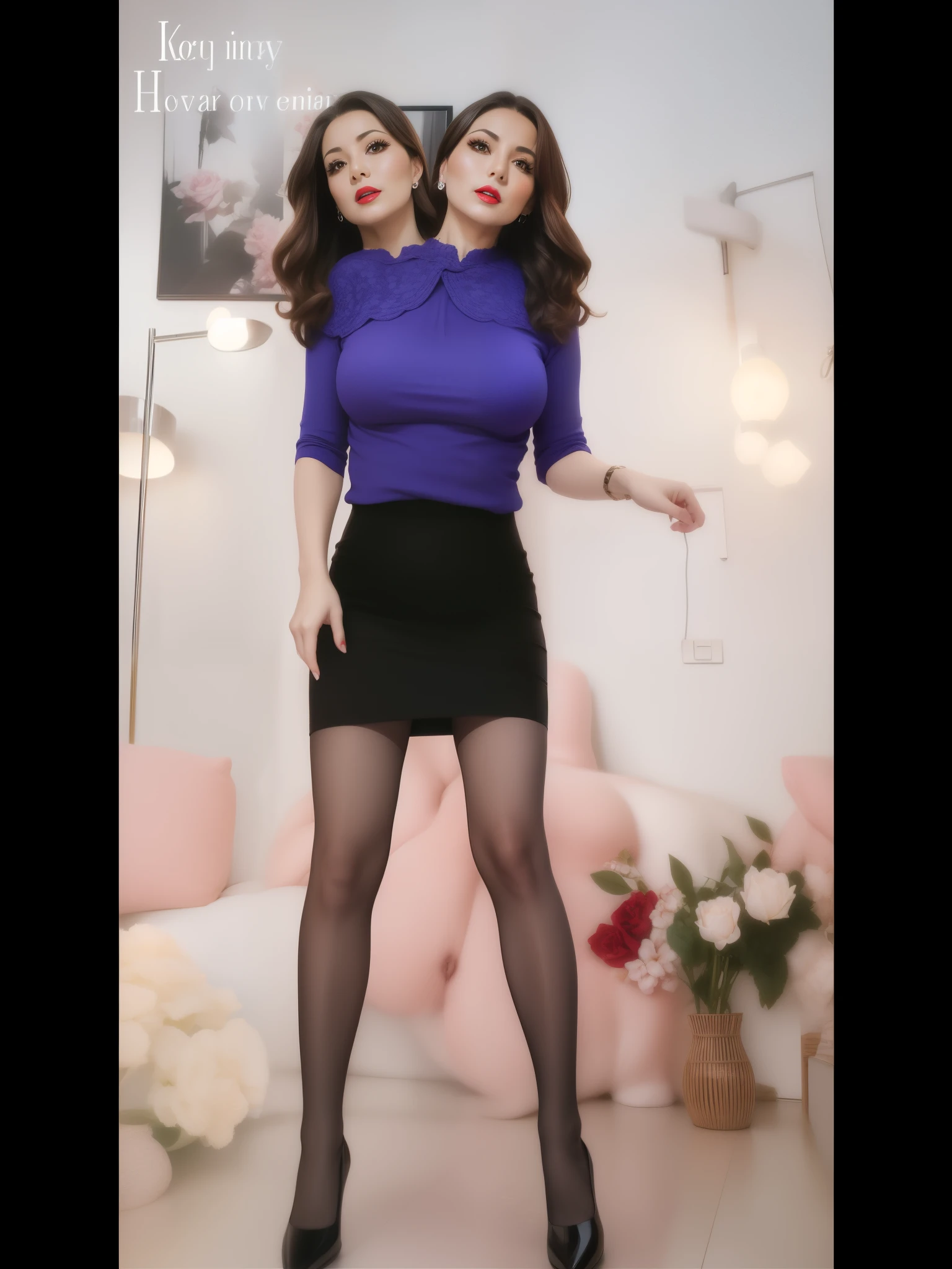 2 heads,Portrait of a 60 year old woman with brown hair, captivating gaze, brown eyes, wrinkles on her face, black pantyhose,She wears very sexy lingerie that exposes her big saggy breasts。, light makeup and red lips. 32K