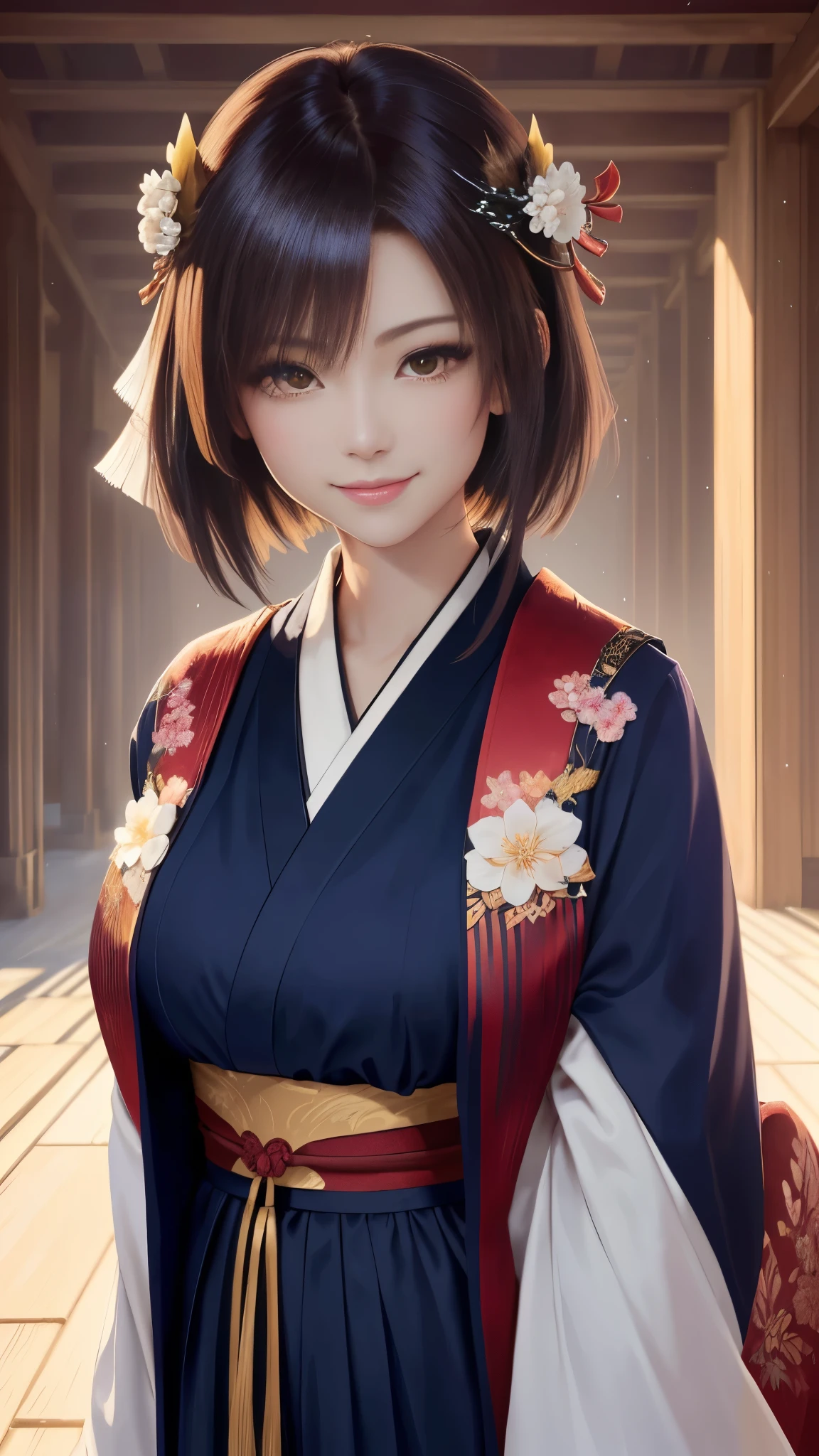 masterpiece , best quality,close up of face,smile,the whole body is facing forward,bright fox hair,sharp contrast,short hair,美しいフォルムのshort hair,just one person,precision quality,, masterpiece, japanese architectureの背景,beautiful details, colorful, delicate details, delicate lips, intricate details, genuine, ultrargenuineista, 枝に座っている色とりどりの髪のFoxを持つ女の子:Mature, bright eyes, ,色とりどりのFox, raposa de nine tails, 三尾Fox, 三尾Fox, onmyoji detail art, beautiful fine art illustration, mythical creatures, Fox, beautiful digital art,shrine maiden,japanese architecture,hold hands,exquisite digital illustration, mizutsune, Inspired by mythical wild web creatures, pixiv in digital art, shining light, high contrast, Mysterious,