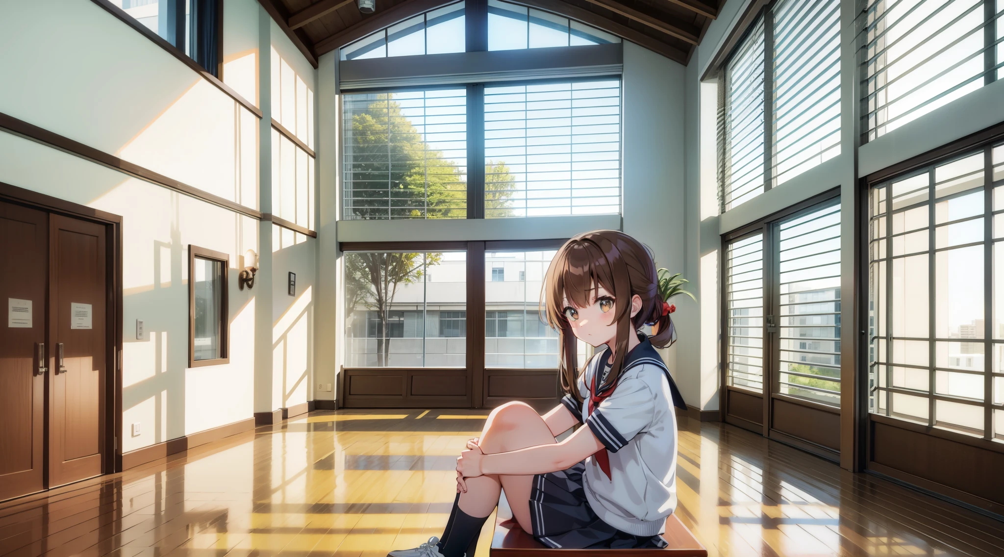 gymnasium with windows,center image,Detailed photos,single building,frontage,modern gymnasium,Architecture concepts,Entire building,Sports facilities,actual sina,I am sitting on the floor of the school gymnasium and observing classes because I am not feeling well.,(masterpiece, best quality:1.2),illustration,8k,hd,1girl,solo,upper body,(portrait:1.2),brown_hair,folded_ponytail,brown_eyes,serafuku,long_hair,school_uniform,skirt,pleated_skirt,