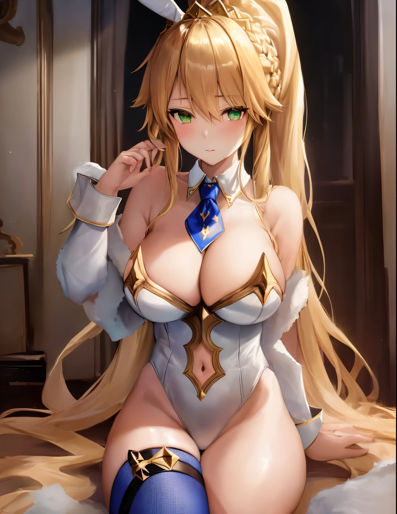 masterpiece, best quality, absurdres, soft lighting, looking at viewer, (light_smile:0.6),
1girl, ahoge, rabbit ears, playboy bunny, artoria pendragon \(swimsuit ruler\) \(fate\), large breasts , blonde hair, green eyes, french braid, pony tail
bare shoulders, large breasts , cleavage,
clothing cut out, wrist cuffs, detached collar, navel cutout, feather boa,
white leotard, blue necktie, blue pantyhose, single thigh strap, hands behind head,
white background,sitting,rabbit_posing,
