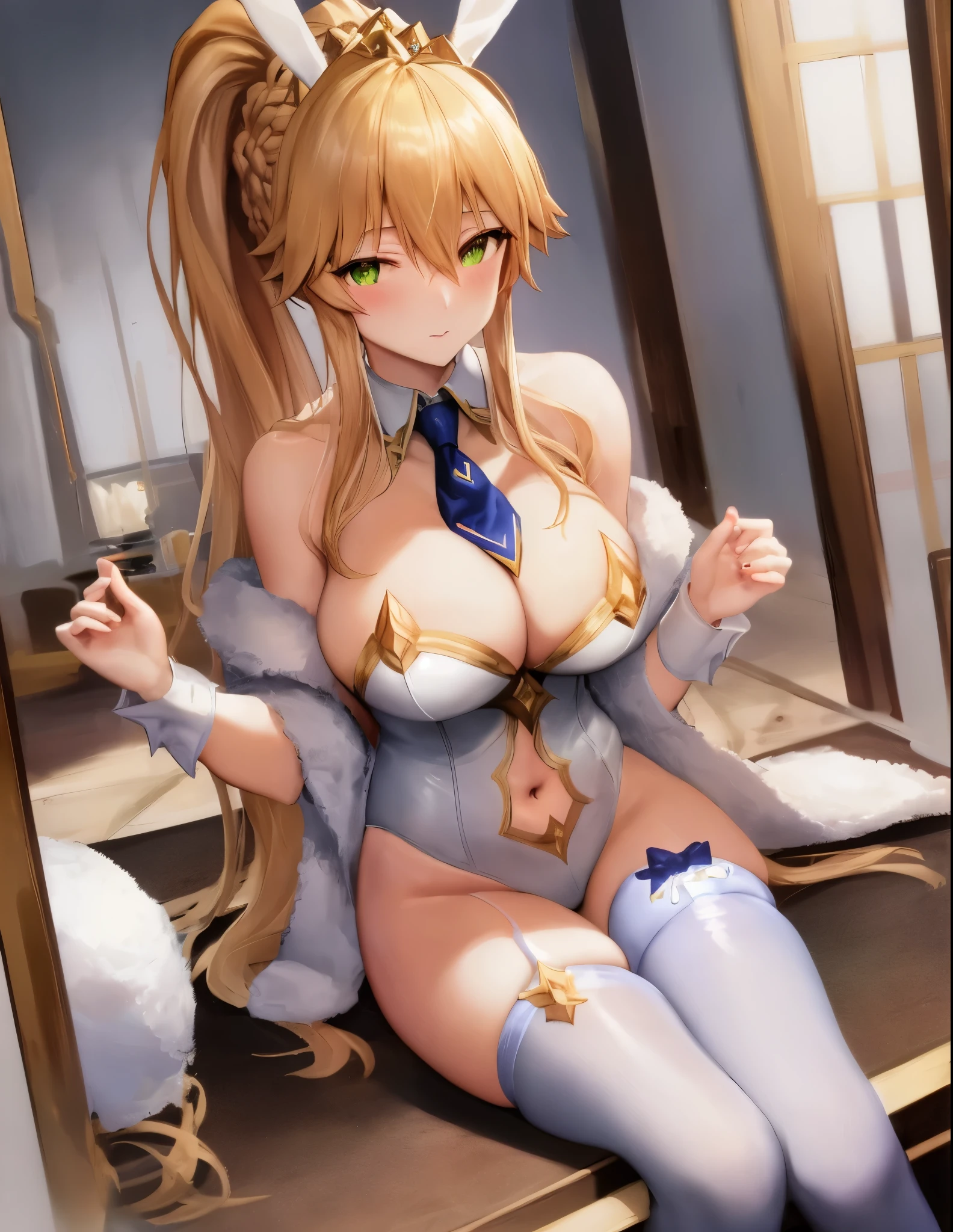 masterpiece, best quality, absurdres, soft lighting, looking at viewer, (light_smile:0.6),
1girl, ahoge, rabbit ears, playboy bunny, artoria pendragon \(swimsuit ruler\) \(fate\), large breasts , blonde hair, green eyes, french braid,  pony tail
bare shoulders, large breasts , cleavage,
clothing cut out, wrist cuffs, detached collar, navel cutout, feather boa,
white leotard, blue necktie, blue pantyhose, single thigh strap, hands behind head,
white background,sitting.