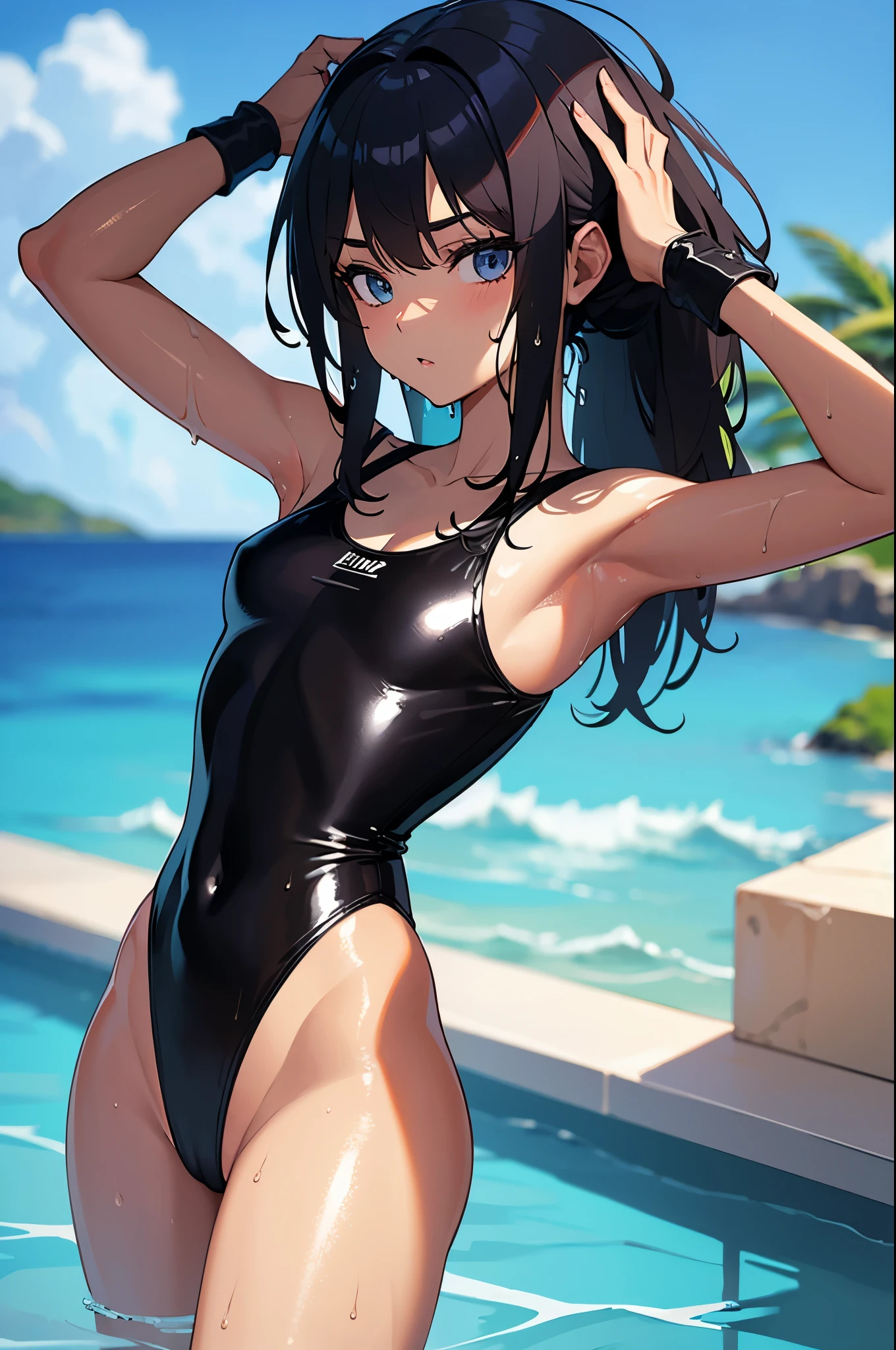 masterpiece, high resolution, best quality, beautiful tiny girl, athlete body, slender, ultra detailed beautiful face, slim body, shining and growing skin, provocative expression,1girl, arms up, detailed hand, dark black one-piece swimsuit, (wet and shiny detailed swimsuits: 1.5), tropical beachside, coral pink hair, half side up hair, cowboy shot from above, still growing flat chest