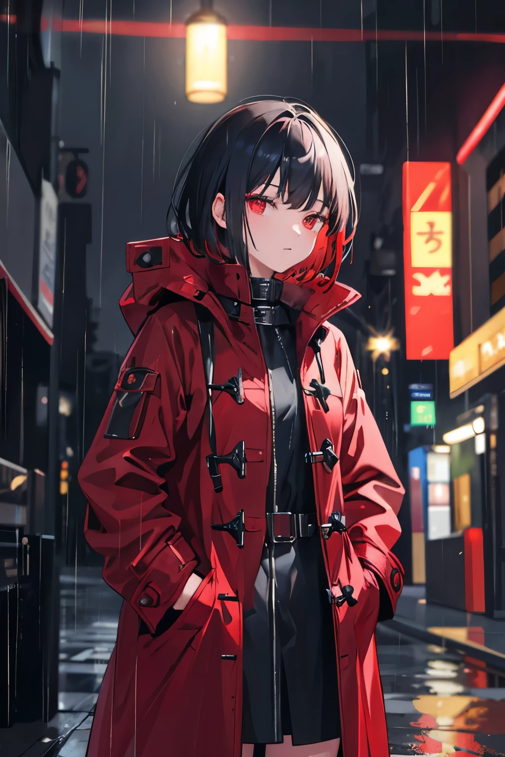 1girl,night city,rain,coat,hands in pockets,black hair, wolfcut hair, a strand of red hair, black clothes, red checkered jacket,