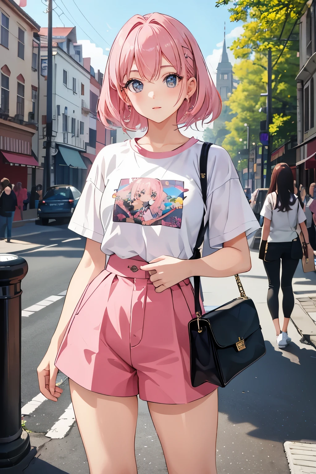 Masterpiece, one girl, solo, pink-haired anime character, wearing a pink T-shirt and shorts, clutches a handbag close, a rosy blush graces her cheeks, her eyes, large and expressive, hold a subtle shine, delicately detailed features, neatly put-together appearance, high resolution rendering, striking color palette, playful expression, captivating scene, realistic, ultra-detailed, 6K.