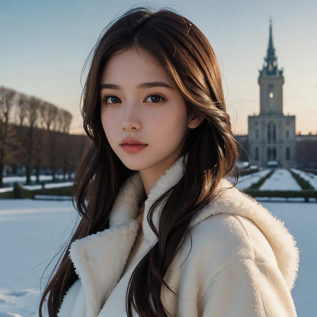 Girl, long brown hair, brown eyes, serious features, white skin, winter style, France, in Versailles Castle