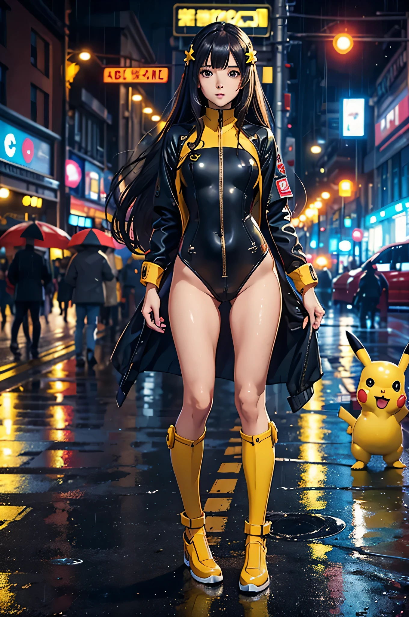 highest quality, masterpiece, realistic, photorealistic, 1 girl, alone, looking at the viewer, whole body, Are standing, long hair, pikachu cosplay costume, cosplay, plug suit, body suit, hair ornaments, detailed background, on the street, night, light, rain,