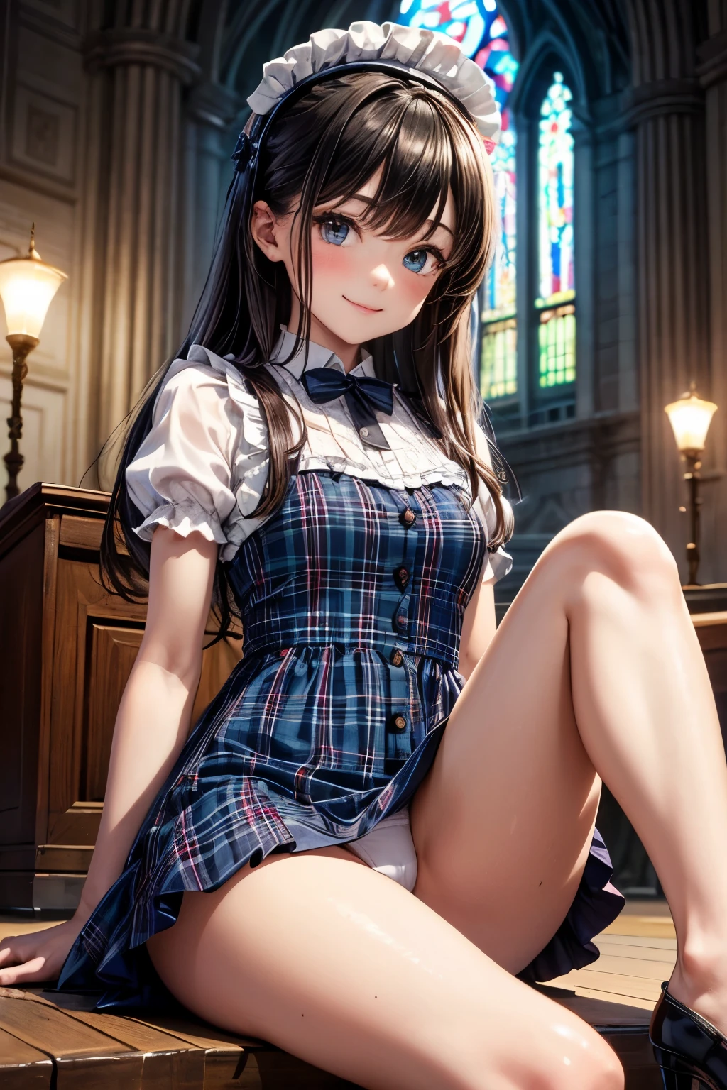 very cute and beautiful girl,(highly detailed beautiful face), (smile:1.2),blush,black hair,looking at viewer,(classic blue plaid lolita dress with detailed frills),detailed lace, sitting,spread legs,arms behind back,(white panties), altar,church,indoors, (best quality,masterpiece:1.2),absurdres,highres,ultra-detailed,extremely detailed,32k,8k resolution, intricate details,cinematic scene,detailed background,solo,dynamic angle,