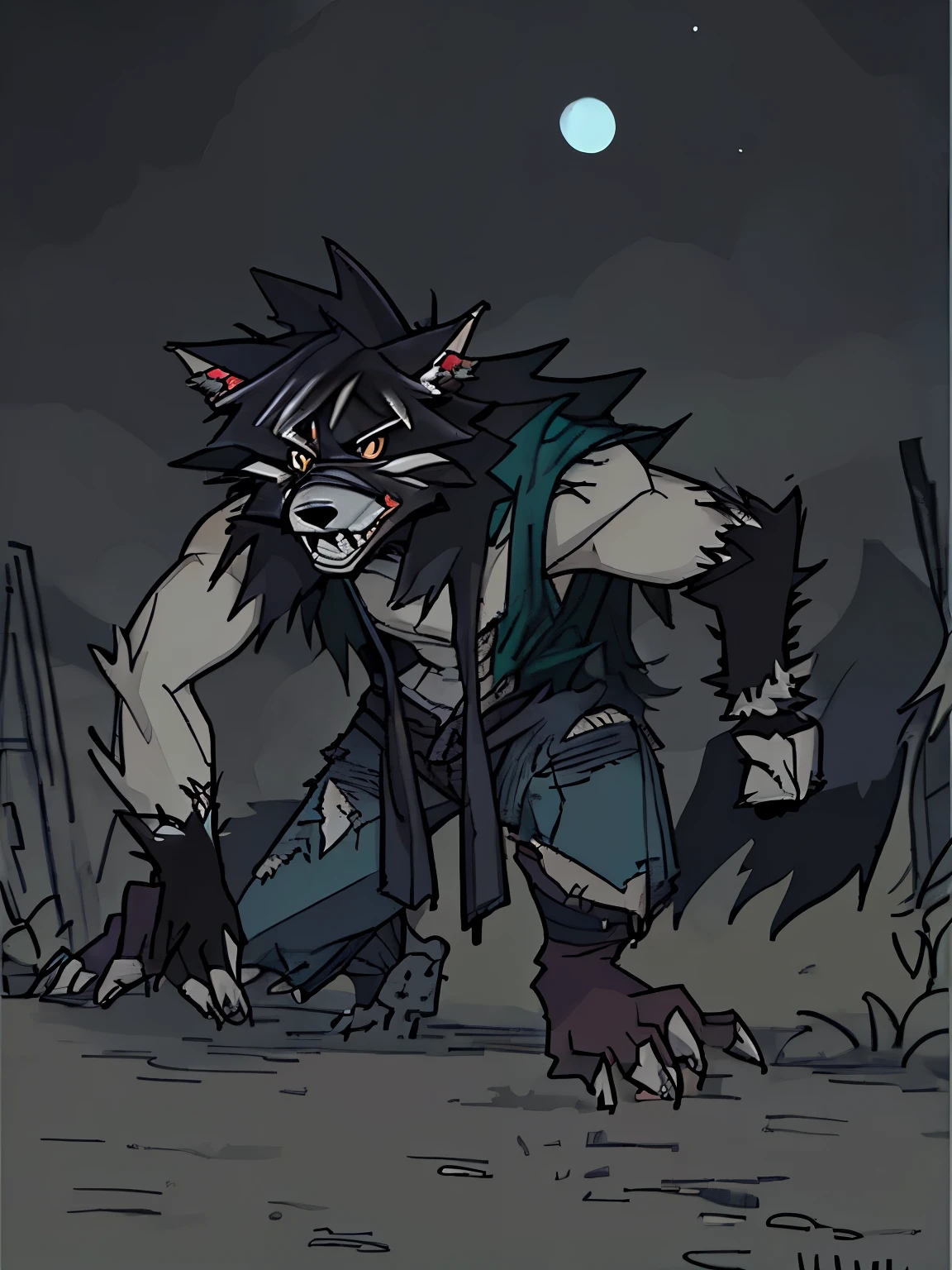 night,on village street,There is a werewolf。He has the head of a wolf,man body,Wearing tattered clothes,Very vicious。Cartoon style,full moon night painting style,Reasonable composition,High-quality graphics。