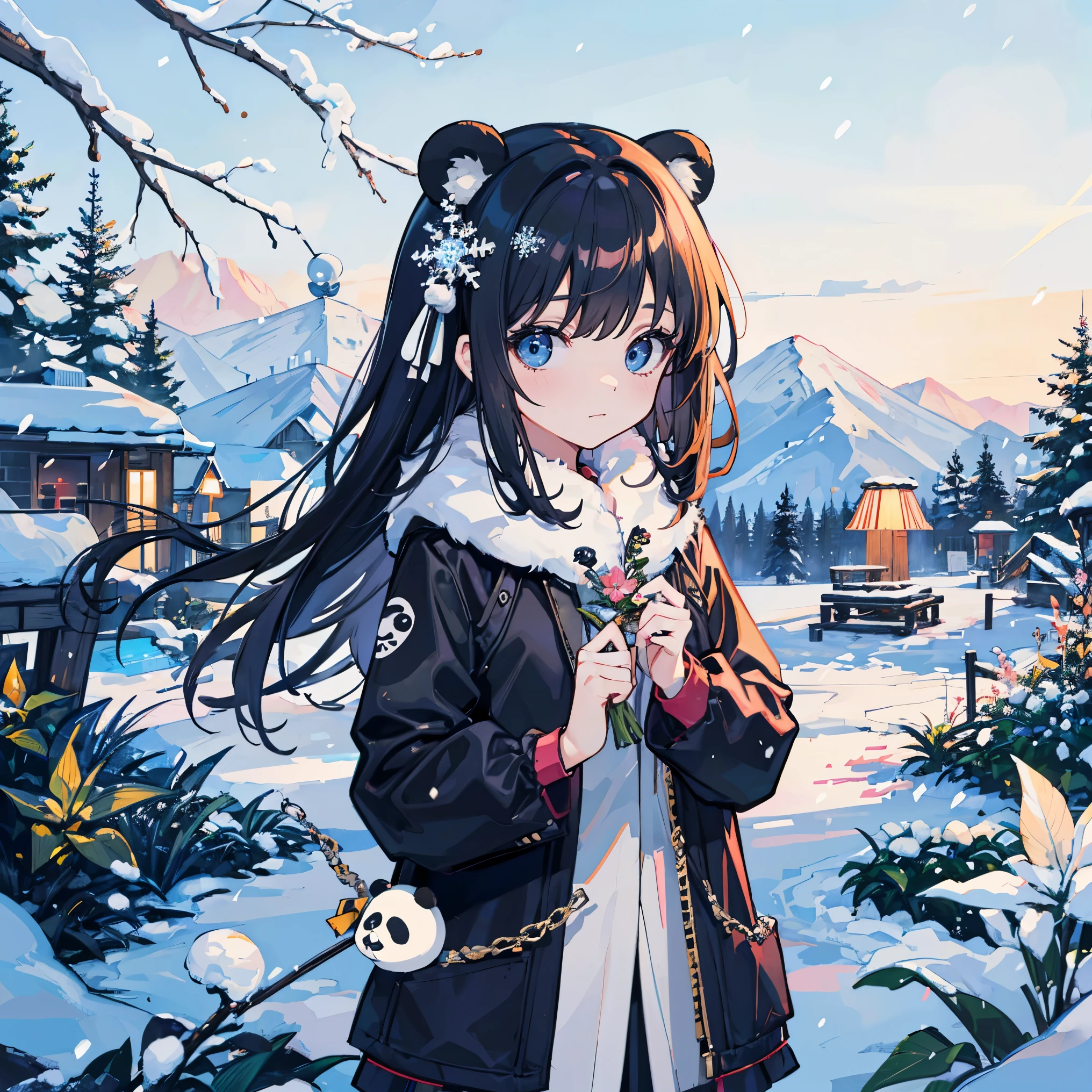 miniature garden Panda Ears Girl Snow background snow country Snowflake
