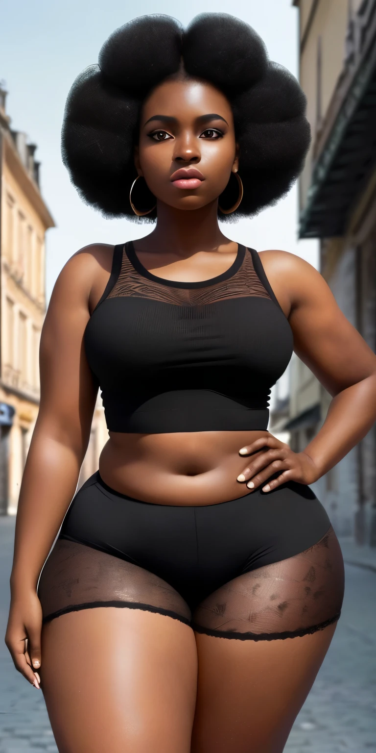 ((Dark African skin, Very deep ebony skin)), ((Its beauty is undeniable)), ((Excited cute face)), ((Hyper detailed perfect eyes,)), ((pose mignonne)), ((Langue sortie)), ((Seductive )), sexy, (( Tight mesh shirt, shorts courts sexy)), ((Afro ponytail with long African curly hair,)), (( peau)), ((debout, vue de face)), ((toucher ses propres jambes dans une pose sexy)), ((dehors, Ville publique)), Sharp Focus CGI, photoreallistic, High detail, Realstic, Masterpiece, absurdes, Best quality, Hdr, High quality, high-definition, Extremely detailed, 8k wallpaper, Intricate details, 8K UHD, Full-HD, (photo realist:1.5), contraste, intense illumination, lighting cinematic, natural lighting, hard light, contre-jour, Illumination globale, occlusion ambiante, full body, big ass, big curves, wide hips, in a busy town centre