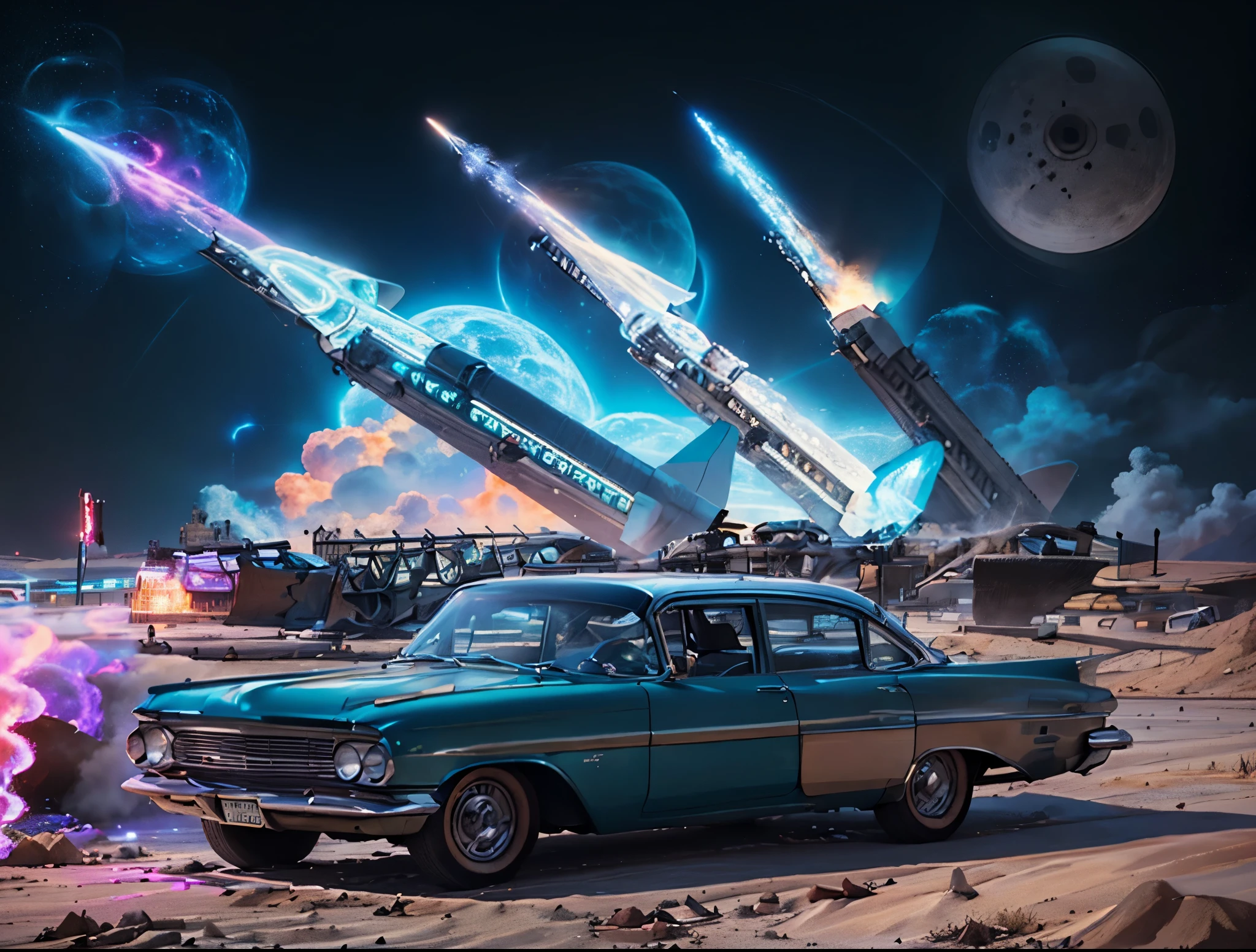 tem um carro estacionado em frente a um monte de foguetes, Retro spaceships parked outside, retro futurism 1 9 5 0 s, 1 9 5 0 futurista, naves estacionadas, atomic age maximalist, aesthetic kitsch googie, por Robert Peak, Direction: Robert Noble, Direction: Ed Emshwiller, Retro Sci - Imagem de FI