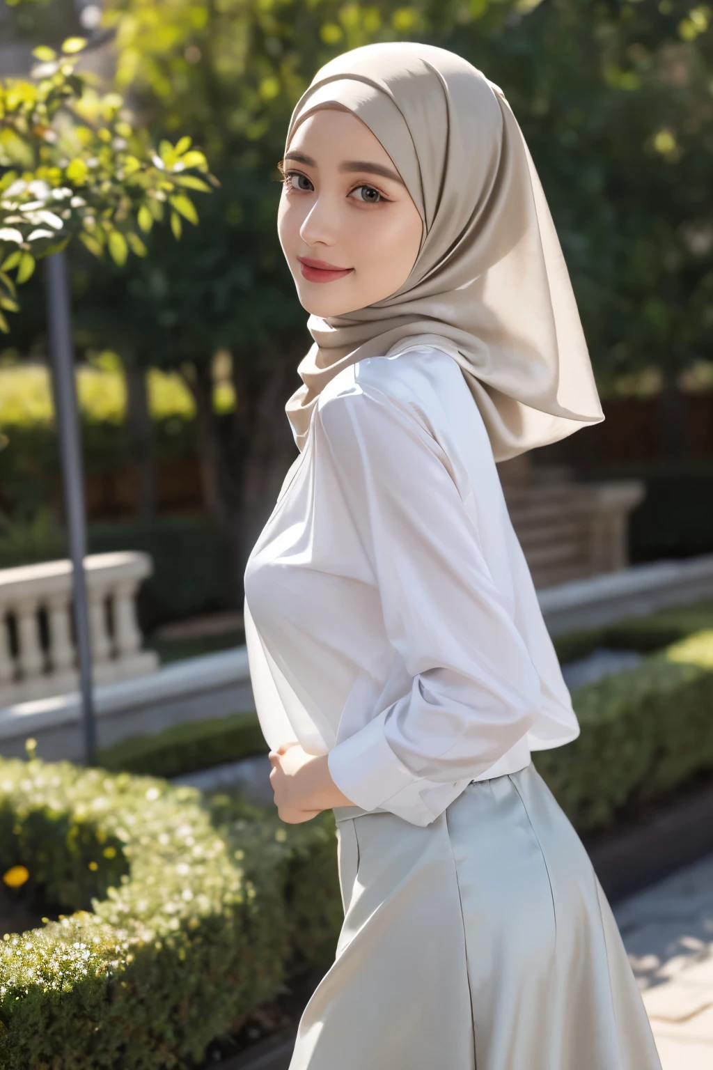 (Masterpiece, realistic, best quality, best lighting, 1 girl photo solo, beautifully makeup, eyeshadow, Parted Lips, Detailed Eyes, beautiful big eyes, long eye lashes, smile, wearing ((Aqua satin headscarf)), loosely tide hijab style, ((Taupe satin shirt)), satin long skirt, walking in the garden, side view