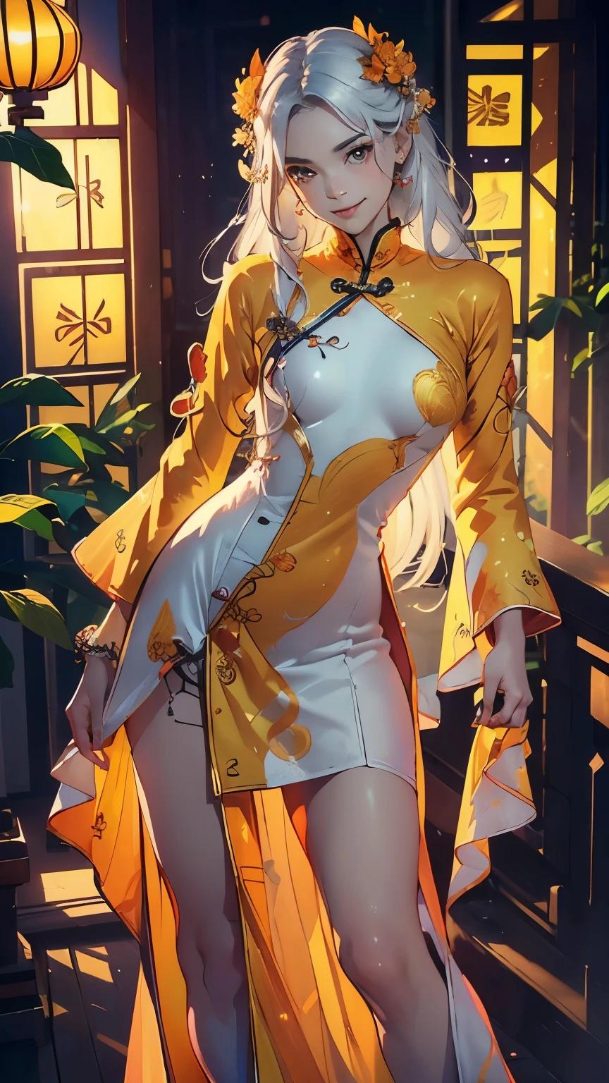 (Official art、Best Quality、Unity 8k Wallpapers、32K、masterpiece、ultra-detailliert、超A high resolution、realisitic、Photorealsitic、Very ridiculous:1.2)、(Cinematic lighting:1.2), ((Background : pagoda :1.5)、Best Shadows、Rim lighting、side lights、(Ultra-detailed and complex 3D rendering)、Detailed beautiful face and eyes、Sharp pupils、Realistic pupils、A slender、1Girl 、Medium bust、 beauitful face、(16-year-old beautiful girl)、((Small breast:1.5, smallchest:1.5)), (super detailed skin、detailed skin textures:1.3)、((White hair:1.5)) ,(shoulder long hair:1.5).((Modern Vietnamese Aodai :1.5)) , ( heavy and unique Vietnamese Aodai:1.5) , (wearing a Orange peel colored Vietnamese Aodai:1.5),(Hunyadi yellow decorative motifs of Aodai:1.5),(cold expression:1.5) , ((cute provocative smile:1.5)) , ((look towards the viewer))