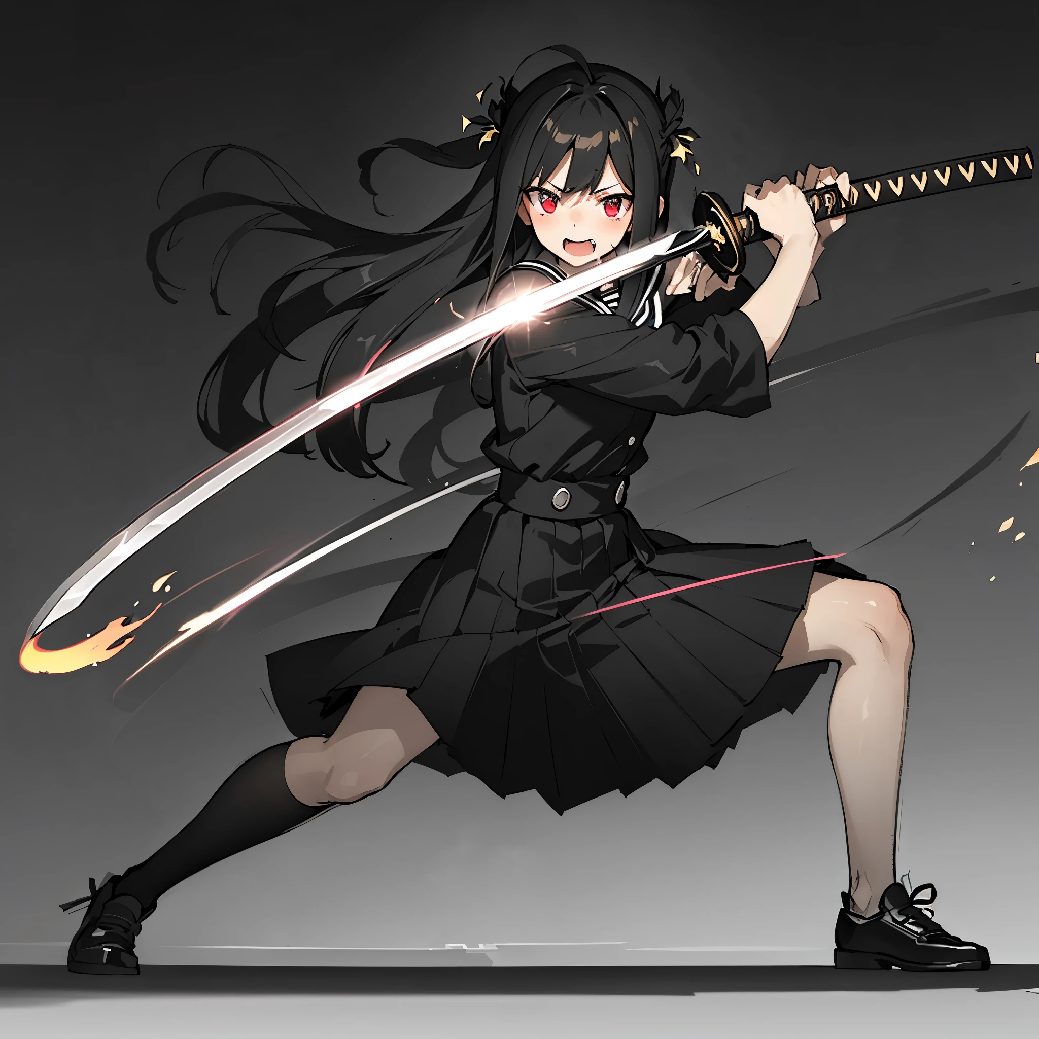 (masterpiece), kouhai, best quality, expressive eyes, perfect face, a girl stands in a stance pose, her feet positioned far apart. It is a slow mo shot of her swinging her sword towards the viewer, her eyes are full of fury as she swings the sword, manga-style, movement lines, katana, red hair, red eyes, school uniform
