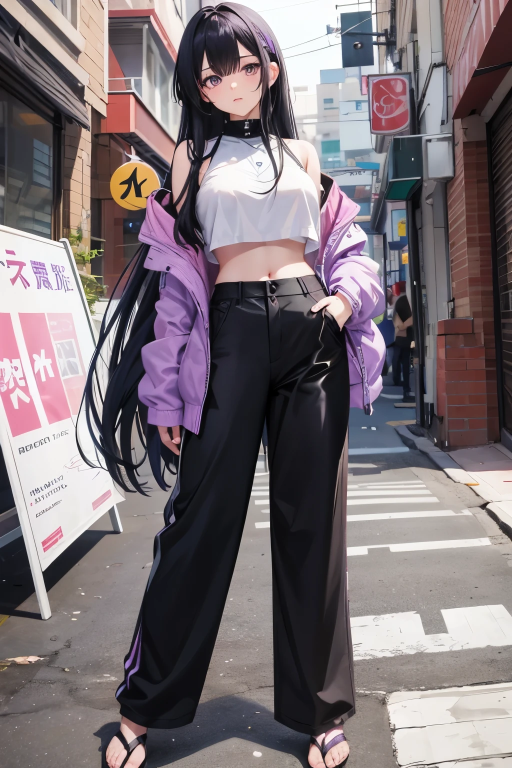 8k anime 22 years old girl black hair with purple slide long hair medium breast size wering crop top with trouser face sleepy 