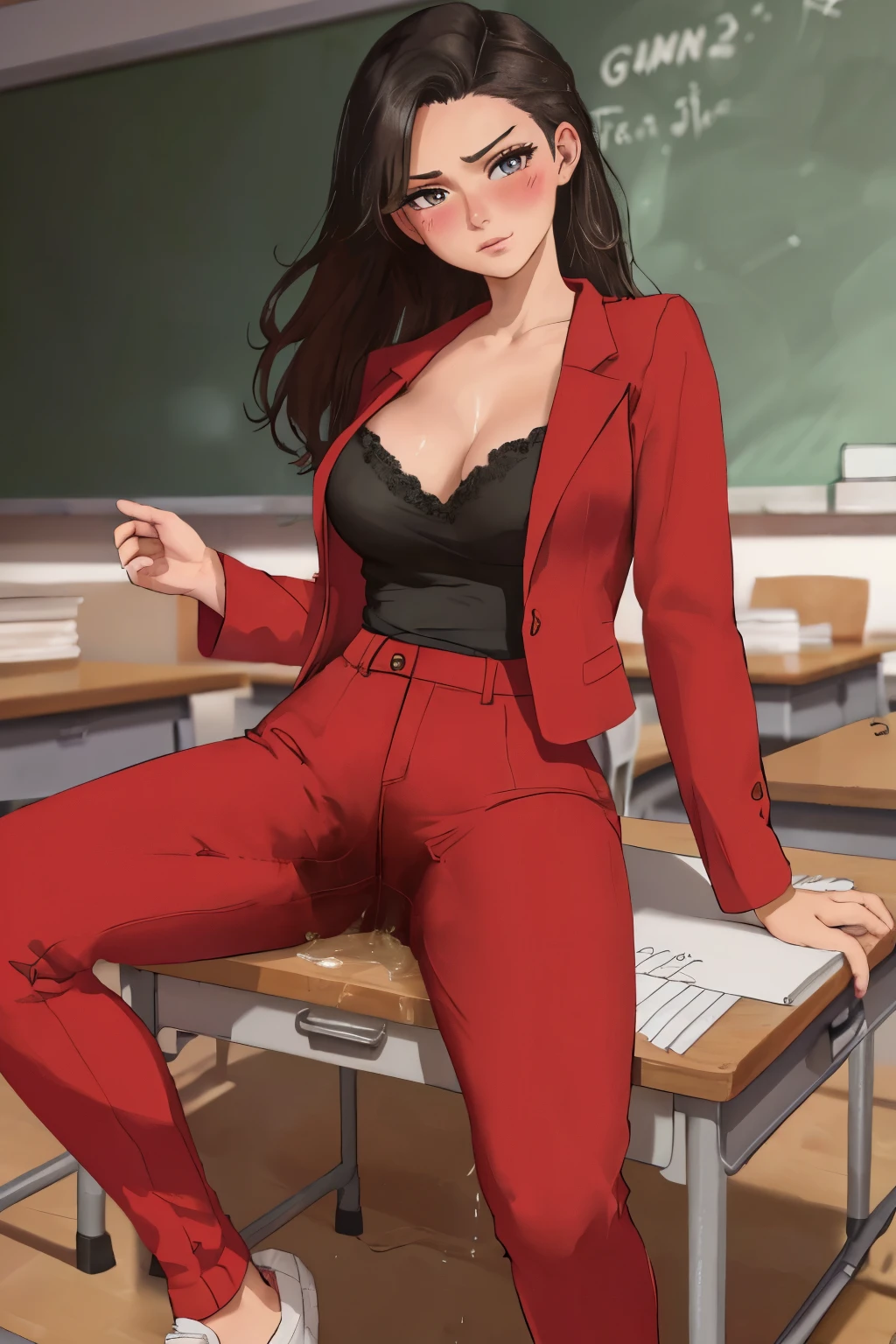 ((8k, RAW photos, top quality, masterpieces), high-definition RAW color photos professional close-up photos, (realistic, photorealism: 1.37), (highest quality), (best shadows), (best illustrations),, beautiful women, (((mature))), standing back, perfect ass, high detail, lewd, hentai, (no nudity), (( open jacket, office lady, suit, pants )), (wheat suit) ,( vans shoes), bare midriff, ((wet crotch)), (((peeing herself))), (((wetting herself))), pee streaming down legs, peeing stain, (puddle), nice long legs, lipstick, detailed face, pretty face ((legs spread:1.5)), ((standing behind the whiteboard )), cute face, detailed eyes, (((blushing))), black hair, narrow waist, high detailed face,  big eyes,  ((thick thighs)), classroom, round ass, ((( gasping))), detailed anime eyes, (((both hands on crotch:1.5))), (((deep neckline:1.2))), big breast, (((holding crotch trying to hold pee))), blushing, (((ahegao))), (((standing back))), leaning on white board, ((wide spread legs:1.5)), (((standing back))), big ass, ((both hands holding the crotch)), hands on crotch, ((sit on top of notepads lying on desk: 1.5)), teacher desk in classroom, desk full of sheets on it, desk top covered with notepads