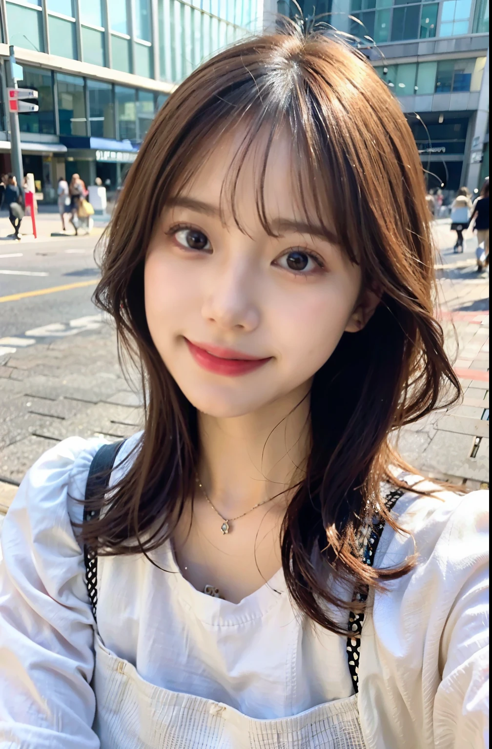 Gorgeous, RAW photo, 8K, highest quality, ultra high resolution, beautiful face details, real human skin, smile,gentle expression, Front view, angle from below, long hair, realistic, realistic, cute, short skirt, Standing deep in the city, whole body,