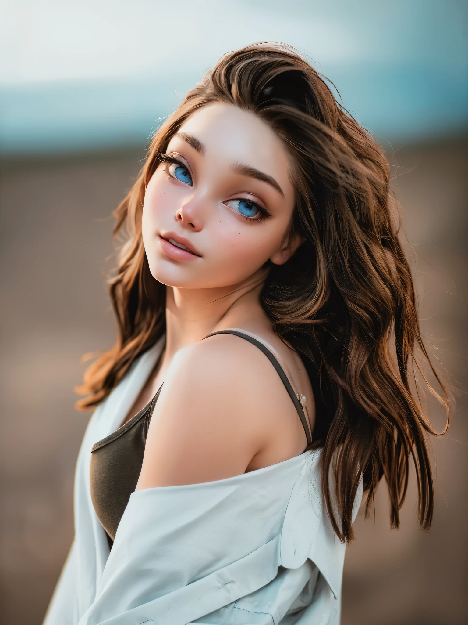 arafed woman with long hair and blue eyes posing for a picture, 7 0 mm portrait, 60mm portrait, 50mm portrait, soft portrait shot 8 k, photo of a beautiful woman, portrait sophie mudd, 50 mm lens photo portrait, medium portrait soft light, close up portrait photo, girl with brown hair, color photograph portrait 4k, (highly detailed face:1.4) (smile:0.7) (background inside dark, moody, private study:1.3) POV, by lee jeffries, nikon d850, film stock photograph ,4 kodak portra 400 ,camera f1.6 lens ,rich colors ,hyper realistic ,lifelike texture, dramatic lighting , cinestill 800