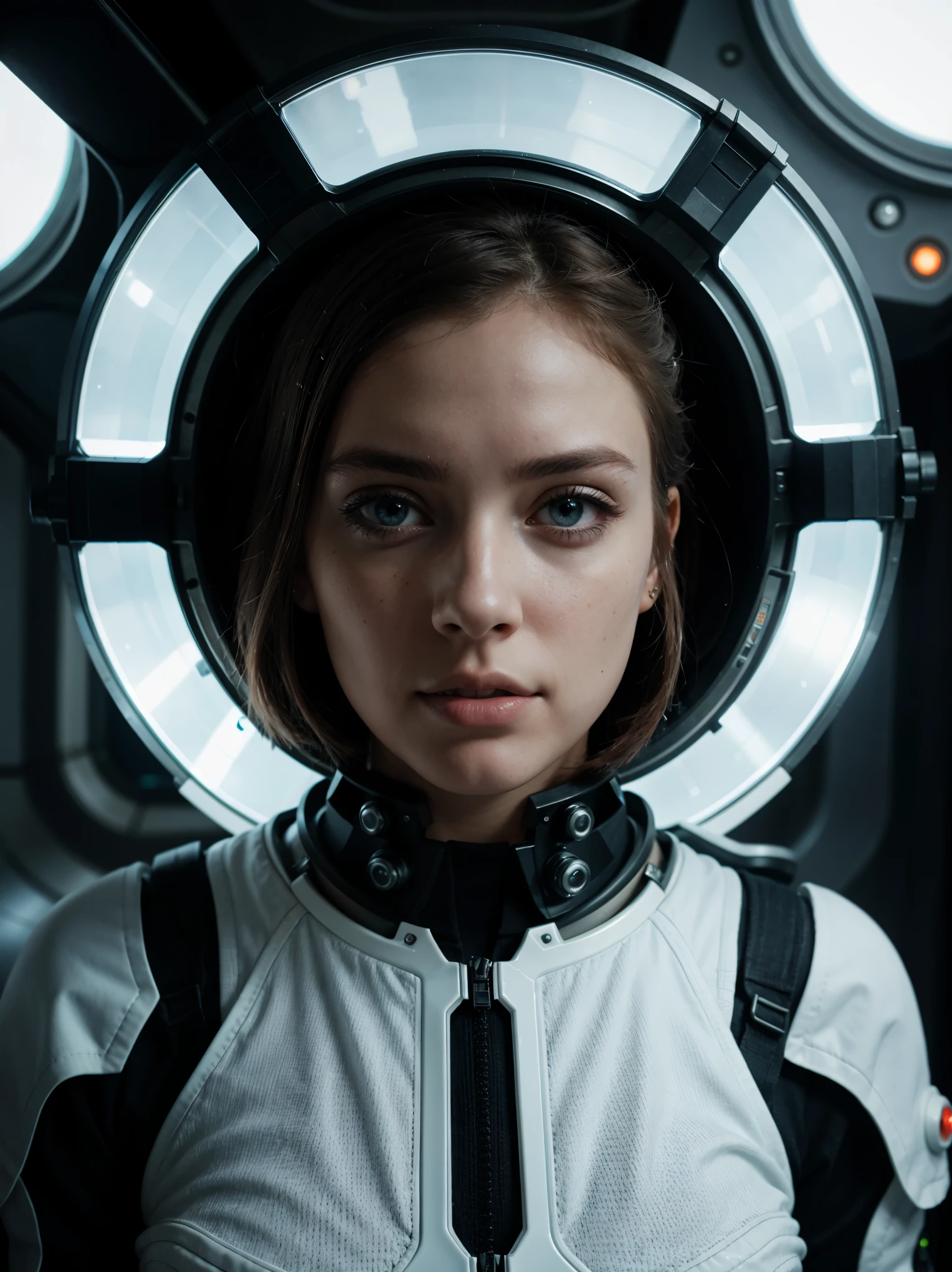photo of a woman, in space, futuristic space suit, (freckles:0.8) cute face, sci-fi, dystopian, detailed eyes, blue eyes, beauty body