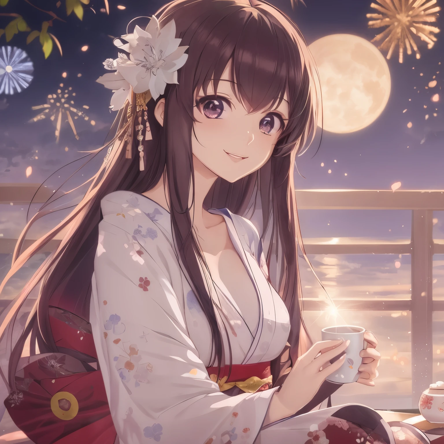 Anime girl in kimono holding a cup of coffee, anime style 4k, Beautiful anime girl, night nucleus, Beautiful anime woman, Beautiful anime portrait, cute anime girl, anime long hair girl, Beautiful anime style, Beautiful anime, 4k anime wallpaper, Cute anime waifu wearing nice clothes, Anime Art Wallpaper 4k, Anime Art Wallpaper 4k