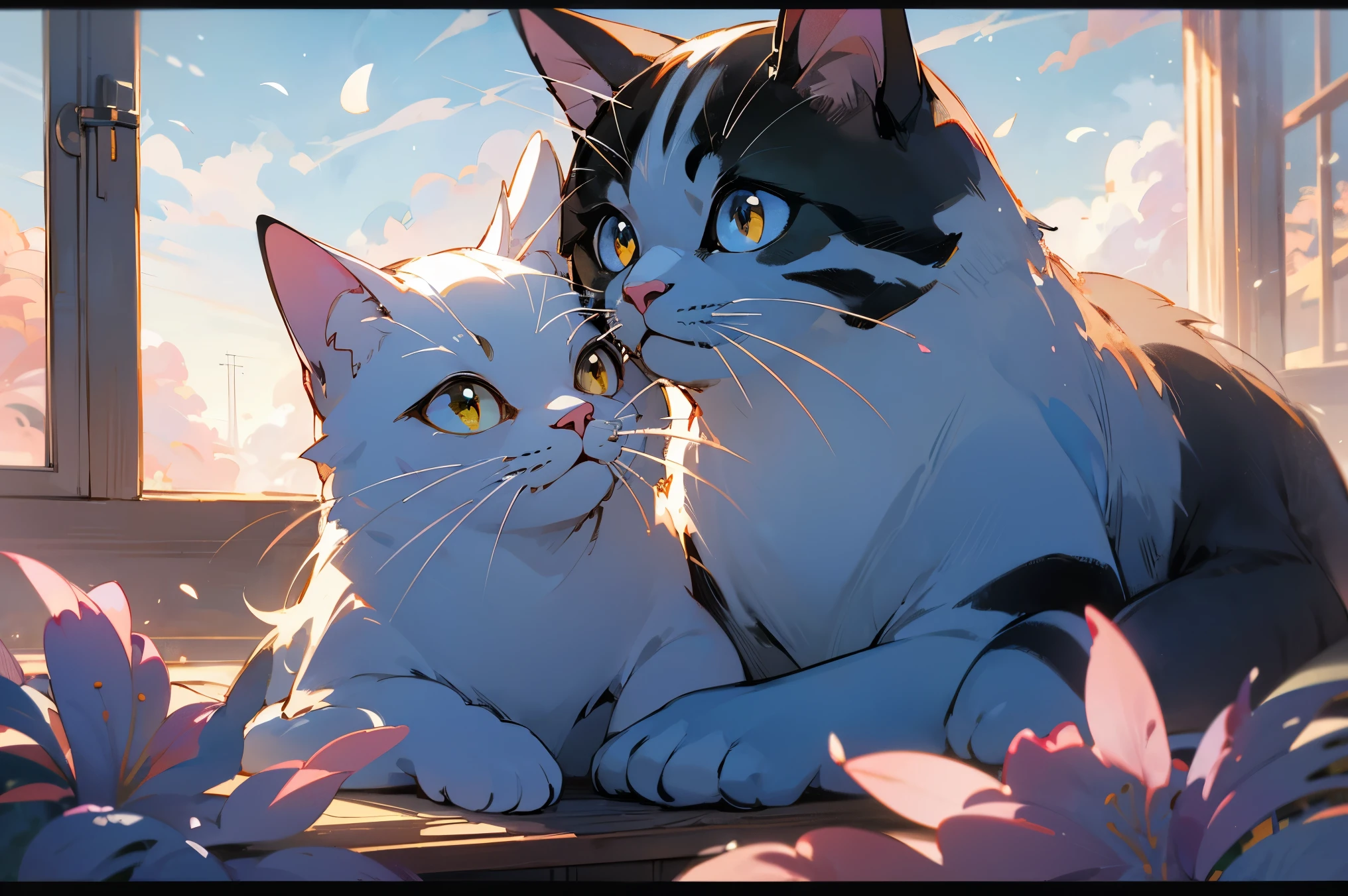 cute white puppet cat, hayao miyazaki dream style, surrealist animal illustration, bow, flowers, window, sky, meiji art, light color color painting, rich layers, realistic figurative painting, realistic hyper-detail portrait style, neo-traditional japan, soft edges, fantastic illustration, (very detailed CG unity 8k wallpaper), clean background, natural light, best quality, hyperdetail,