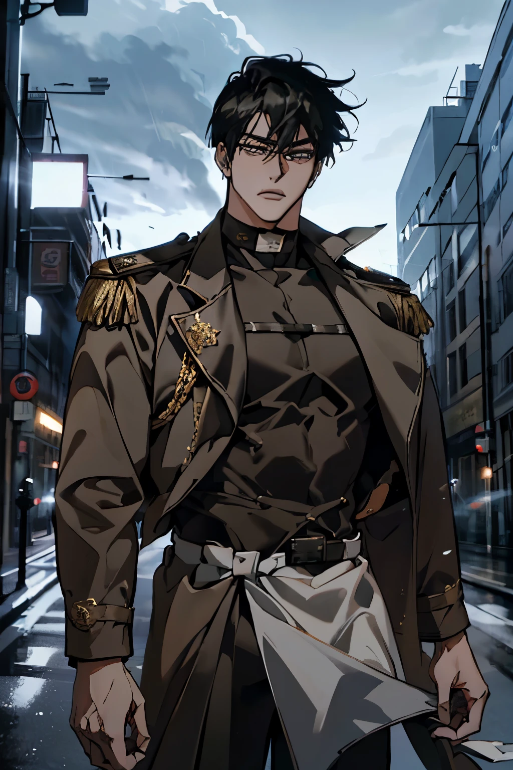 hot korean military uniform manhwa,illustration,elegant uniformed soldier,strong,confident gaze,sharp jawline,intense expression,fitted jacket,shoulder patches,fine details on the uniform,embroidered symbols,meticulously designed buttons,ornate epaulettes,shiny gold accents,bulletproof vest,combat boots,tactical gloves,knit beanie,weapon slung over his shoulder,captivating background scenery,urban cityscape at dusk,golden sunset casting a warm glow,striking contrast of light and shadows,moody atmosphere,dramatic clouds,faint silhouette of buildings,foggy streets with glowing streetlights,dynamic angles and perspective,realistic textures,impeccable shading,portrait-like painting,subtle color palette,evoking emotions of strength and resilience,dramatic lighting,soft ambient light illuminating his face and uniform,enhancing the intensity of his gaze,capturing the essence of a fearless warrior,and showcasing the beauty of Korean military uniforms. (best quality,ultra-detailed,realistic:1.37),HDR,stunning visual effects,impressive level of detail,showcasing the artist's talent and expertise.