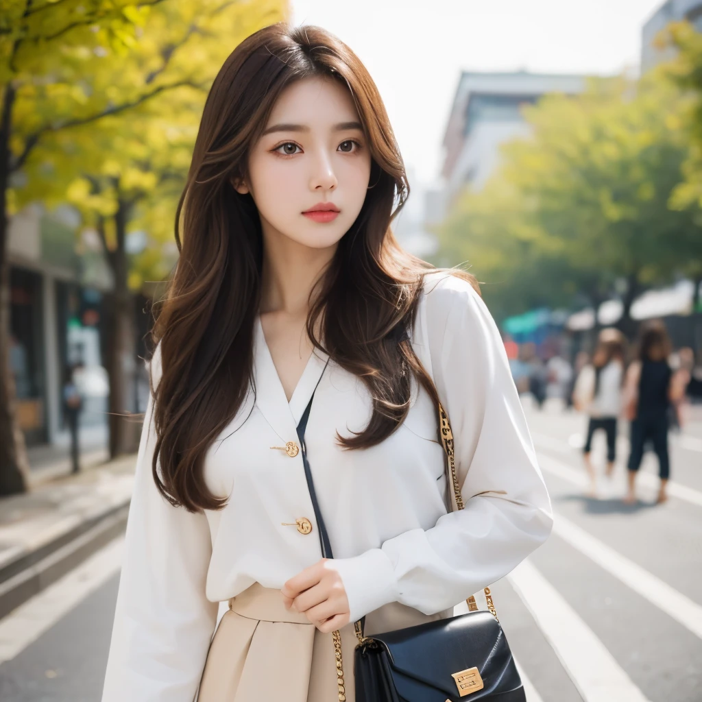 Girl, long brown hair, brown eyes, white skin, serious features, simple Korean makeup, spring style, handbag, Seoul, Korea