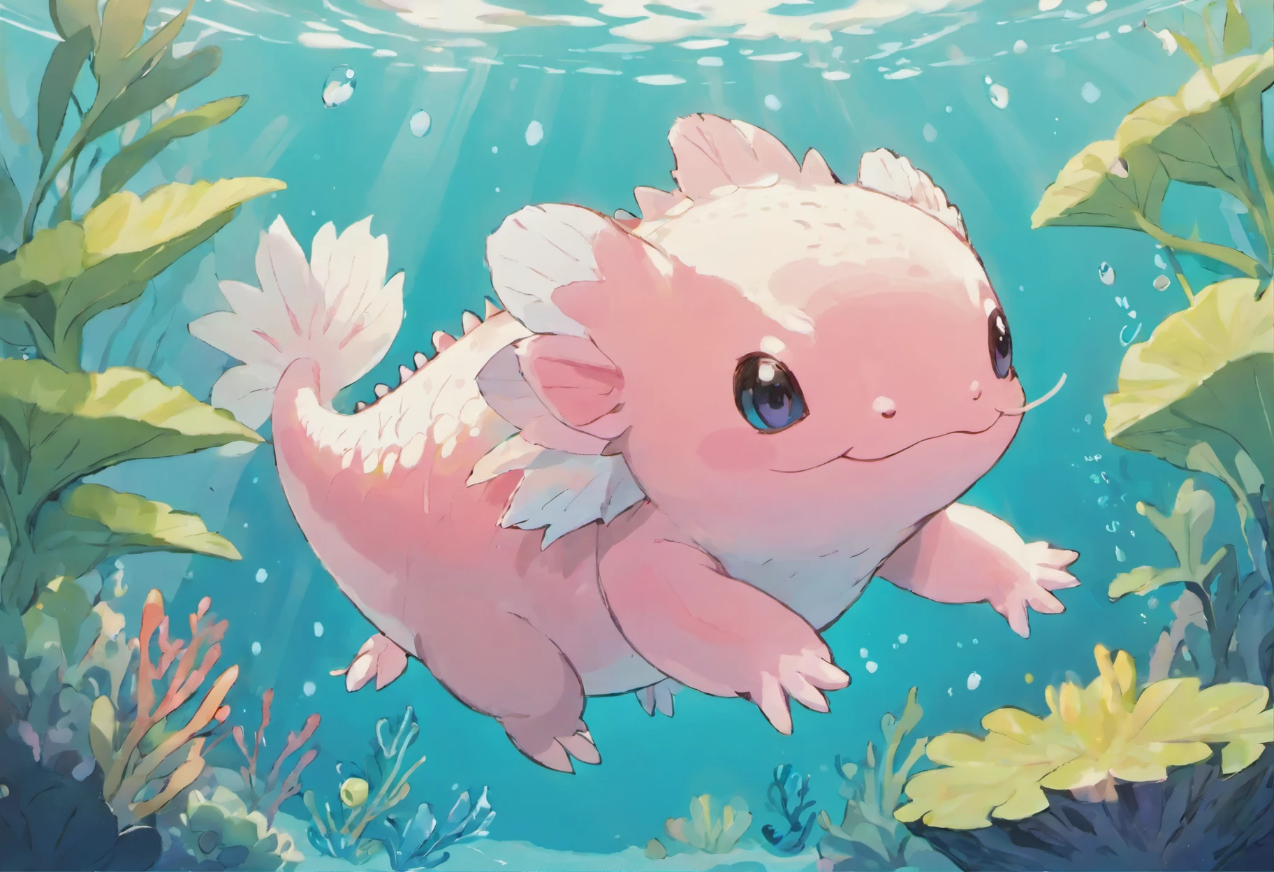 Step into the whimsical world of Sowsow, where the extraordinary Axolotl takes center stage in a mesmerizing masterpiece. Sowsow's unique artistic vision breathes life into this incredible aquatic creature, creating an artwork that's both enchanting and delightful.

The Axolotl, with its endearing smile and delicate frilly gills, is lovingly depicted in Sowsow's signature style. Each detail, from the intricate patterns on its skin to the subtle hues of its body, is brought to life with a blend of vibrant colors that dance together in perfect harmony.

Sowsow's artistry captures the playful spirit of the Axolotl, as it gracefully moves through a dreamlike aquatic environment. Every ripple and reflection in the water adds depth and dimension to this captivating illustration.

The choice of colors in Sowsow's work is nothing short of magical. The Axolotl's pale pink, creamy white, and muted shades of blue create a soothing and mesmerizing visual experience. It's a true testament to the artist's ability to evoke both wonder and serenity through their art.

Whether displayed as a focal point in your living space or shared with fellow admirers of aquatic wonders, this Axolotl artwork in Sowsow's style is sure to capture hearts and imaginations alike. It's a charming and whimsical addition to any collection, inviting you to dive into the beauty of the underwater world.