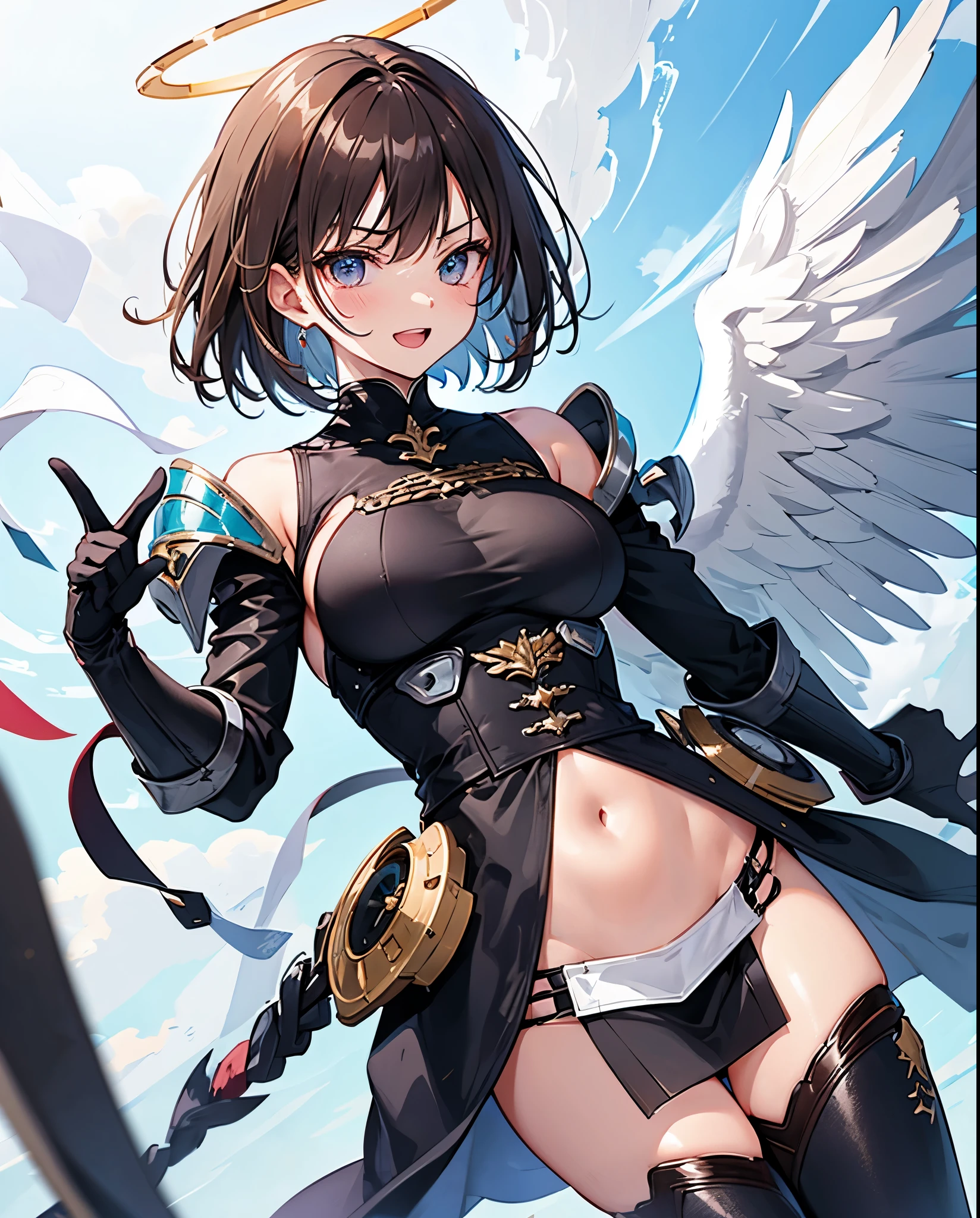 fantasy, 1angel_girl,, ,brown_hair, medium_bob_hair, long_bangs, halo,bare_shoulder,thighhighs,silver_armor, waist_armor, large_breasts,angry,grinning,open_mouth_teeth, 1pair_wings, dynamic_pose_fighting,floating, bare_crotch, headgear,gauntlet, greaves,city_sky_background,slightly_spread_legs, solo, groin_naked,