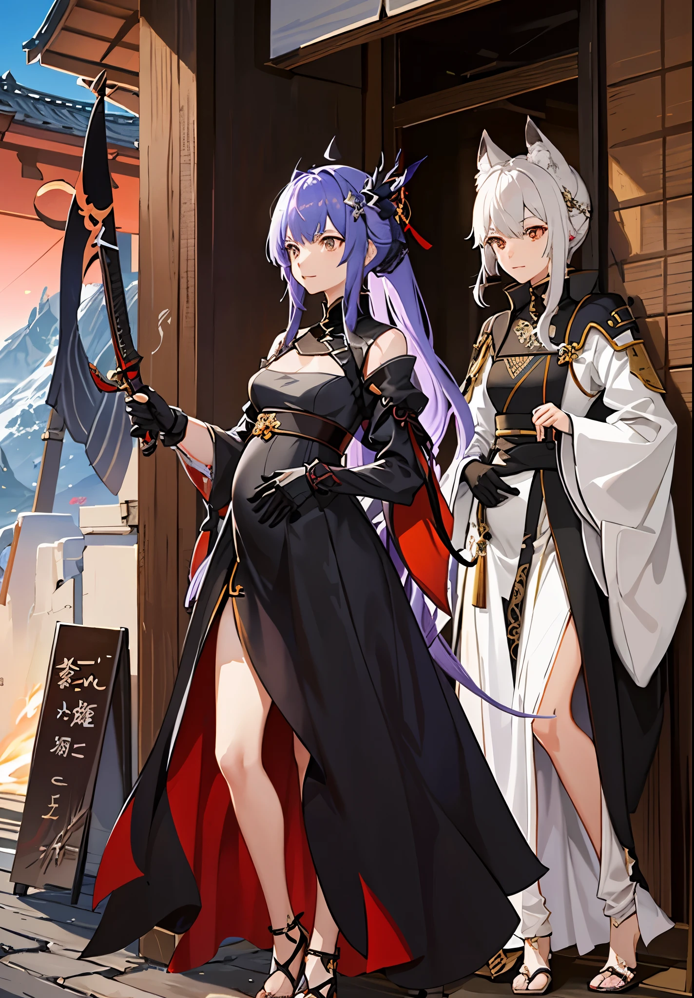 a woman in a dress holding a dagger and a dagger, video game character, from arknights, fox nobushi holding a dagger, hajime yatate, keqing from genshin impact, random haired deity, with small sword, ayaka genshin impact, female action anime girl, official character art, anime character, pregnant anime girl, fetus, random hair color