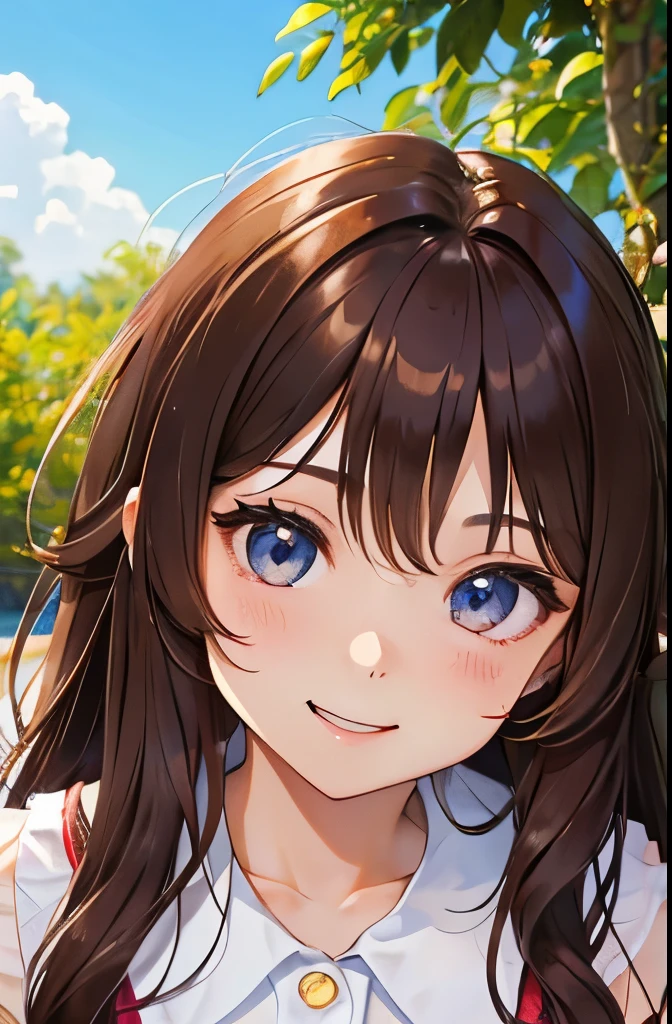 20-year-old、college age girl、hair is chestnut color、long hair、so beautiful、very smiling、close up of face、summer clothes
