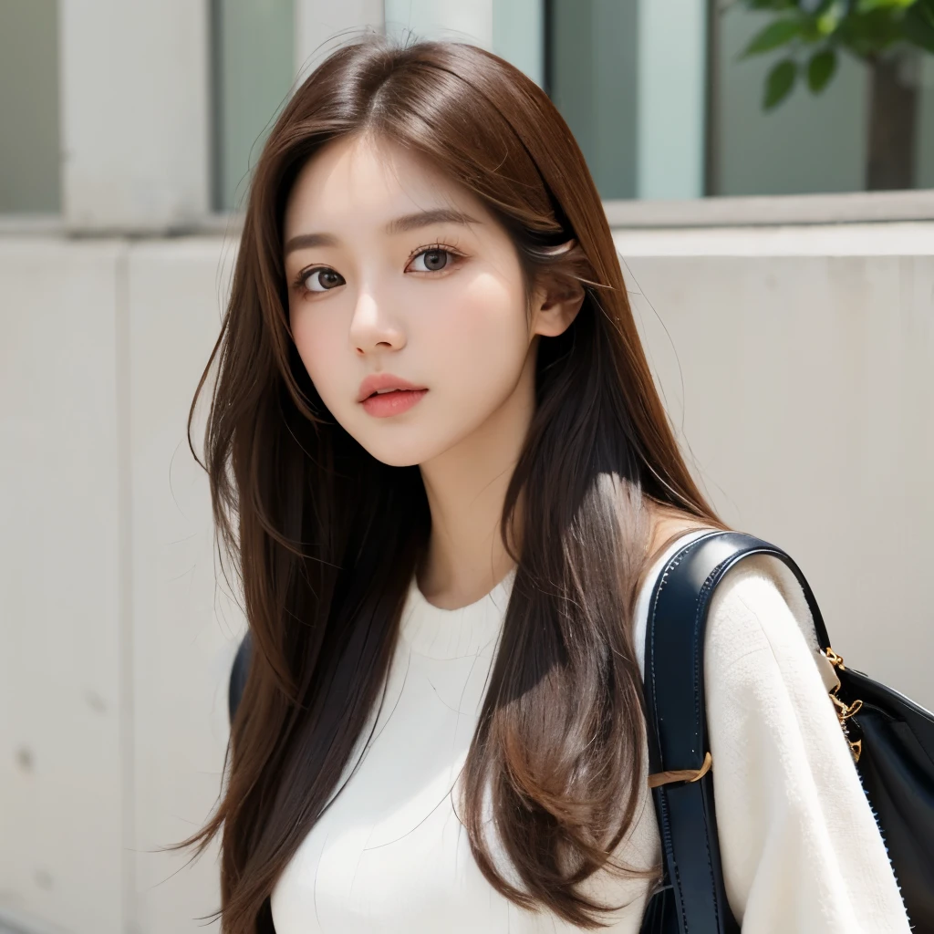 Girl, long brown hair, brown eyes, white skin, serious features, simple Korean makeup, spring style, handbag, Seoul, Korea