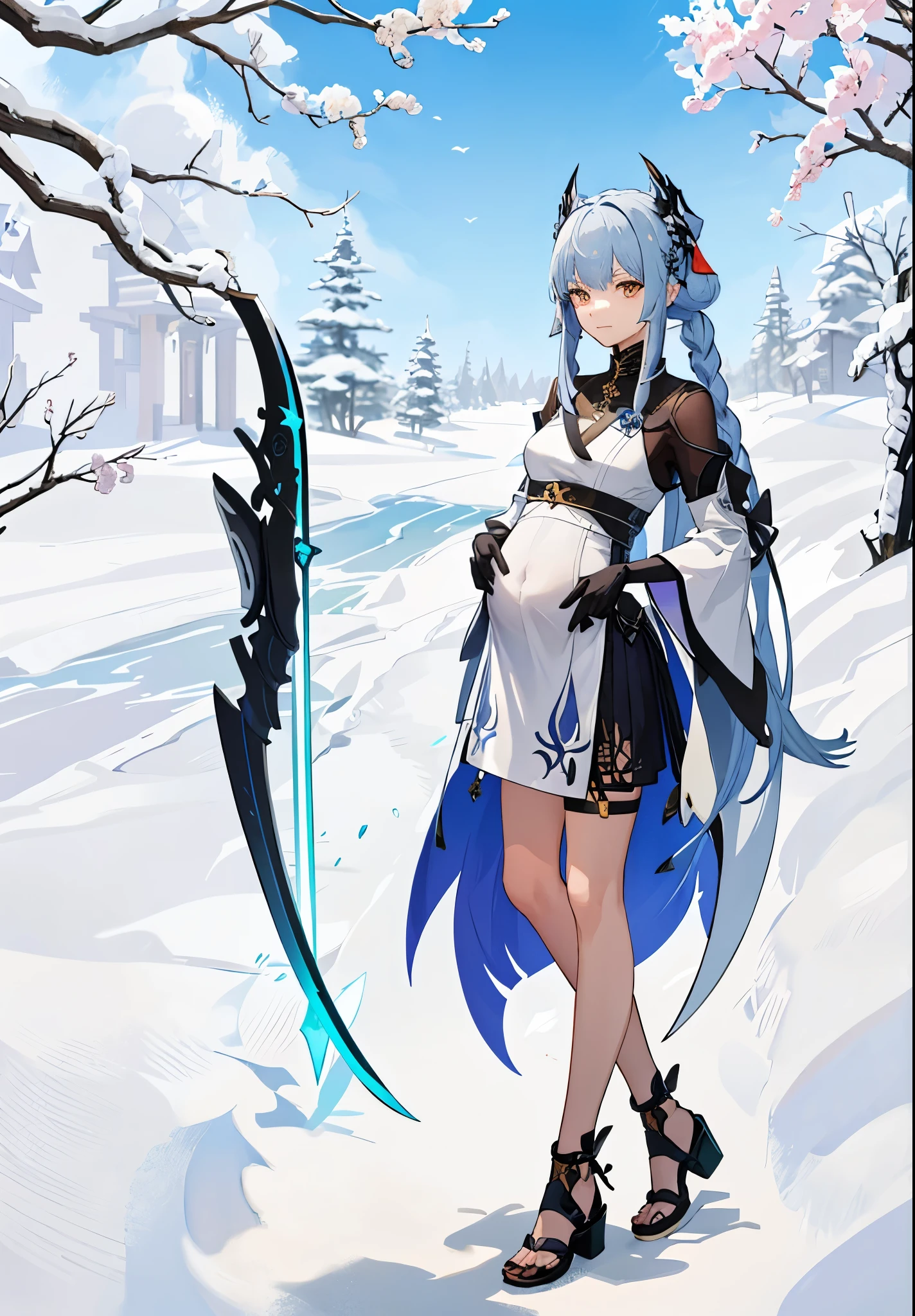 a woman in a dress holding a dagger and a dagger, video game character, from arknights, fox nobushi holding a dagger, hajime yatate, keqing from genshin impact, random haired deity, with small sword, ayaka genshin impact, female action anime girl, official character art, anime character, pregnant anime girl, fetus, random hair color