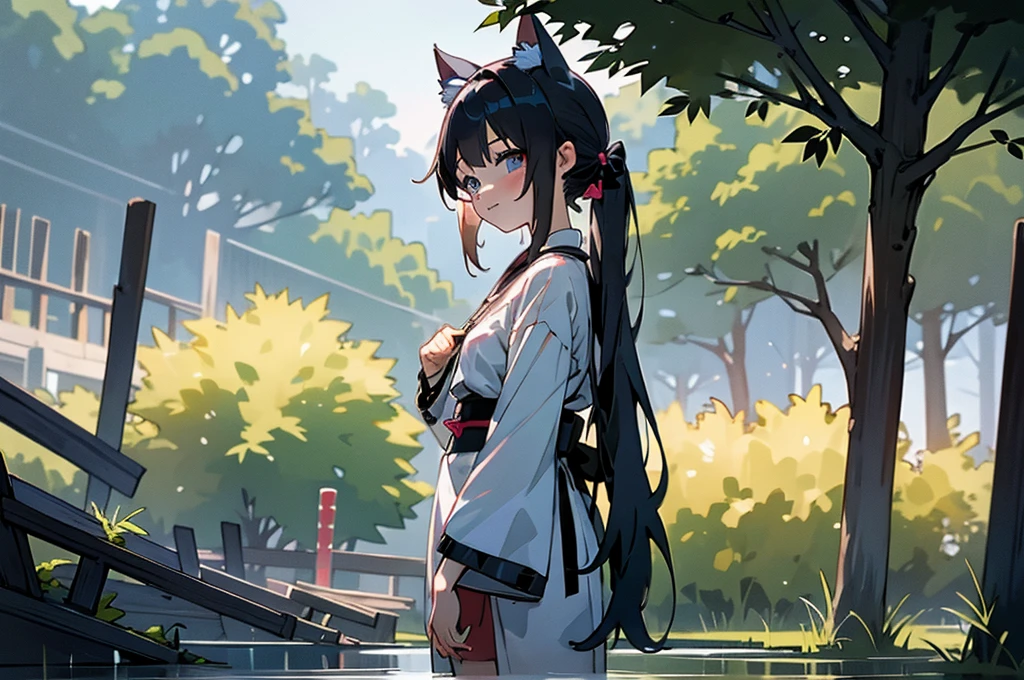 masterpiece, 最high quality, high quality, Highly detailed 8K wallpaper, landscape, outdoor,Japanese shrines {{{Summer festival, ポスト荘厳なlandscape, Desolate and eerie atmosphere, crumbling building, overgrown plants, Undeservedly beautiful, dramatic lighting, Scattered debris, A sense of mystery and melancholy.}}}、girl、Cat ear、small、10 years old、cute、yukata、{Perfect thigh exposure lineup: 1.1},barefoot, {貧乳1:1}, {bust1:1}、yukataのみ、{yukata, no lingerie, 完璧なBare skin，: 1.6}、fun、Bare skin、fair skin、{transparent clothes｝、{Wet skin｝、{Revealing clothing｝、{short clothes｝、{perfect face shape 1:4｝、{Light floating in the background 1:2｝、From the side、walk、whole body、