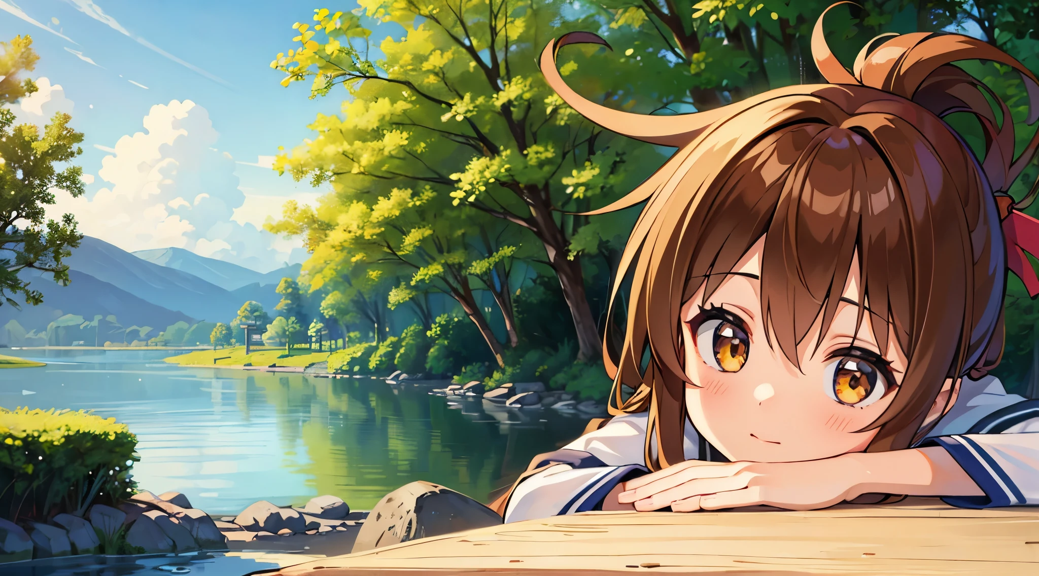 (masterpiece, best quality:1.2),illustration,8k,hd,1girl,solo,upper body,(portrait:1.2),brown_hair,folded_ponytail,brown_eyes,serafuku,long_hair,school_uniform,skirt,pleated_skirt,