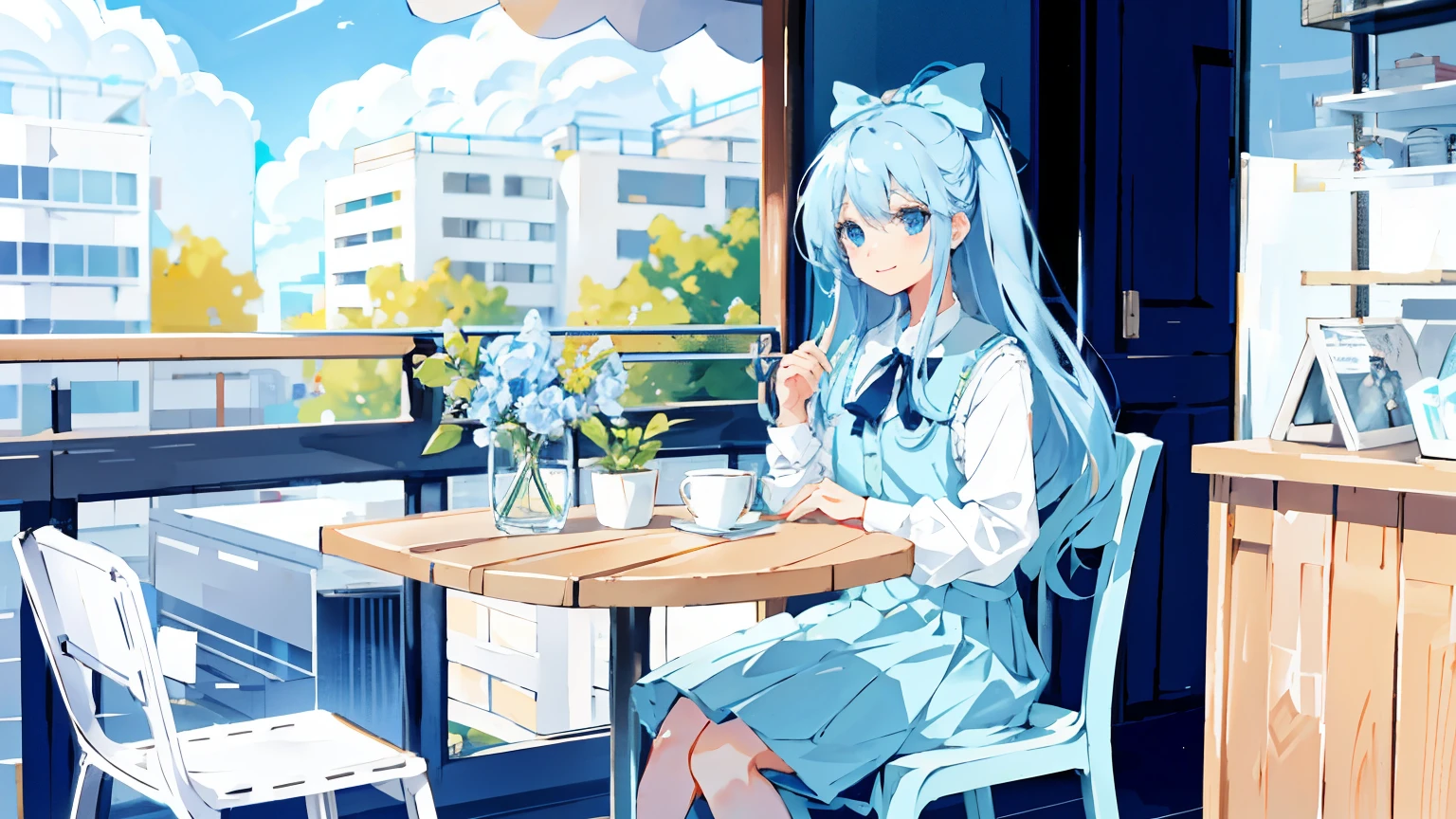 light blue long hair girl,Light blue gradient eyes,Casual and simple skirt,Cafe,White tables and chairs,sit on the chair,Lively and cute expression,Smile,Exquisite scenes,day