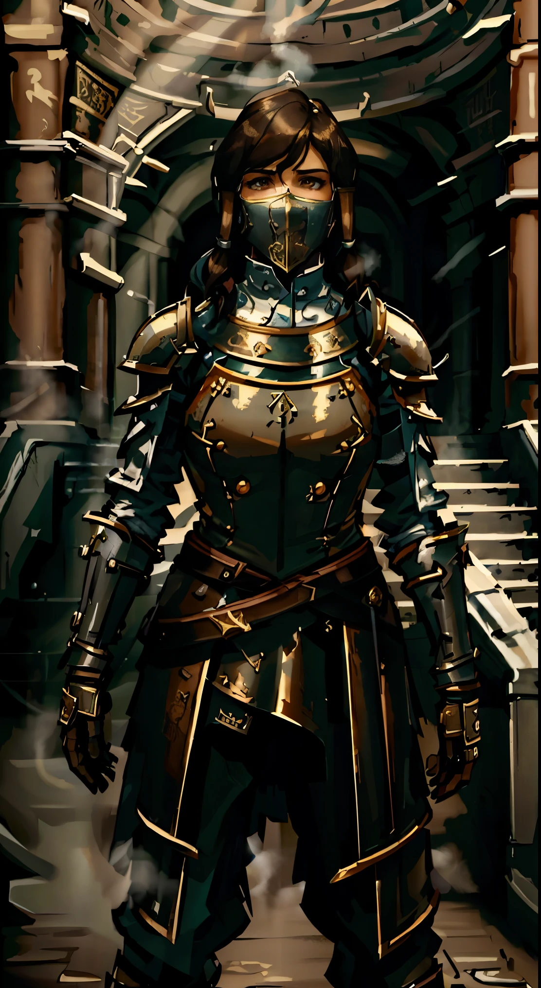 Korra in heavy steam-punk themed plate armor, dark long brown hair, and brown skin standing in a mysterious steam-filled environment. The plate armor is adorned with large bolts and rivets, giving it a distinctive steam-punk aesthetic. The armor tightly clings to Korra's body, accentuating her feminine figure. Her long brown hair flows down her back, adding a touch of elegance to the scene.

Korra wears armored mitts on her hands, providing both protection and style. She also wears welding goggles on her forehead, ready for any technical challenges she might face. The steam-filled environment surrounds her, creating an atmosphere of mystery and excitement.

The image should be of the best quality, with ultra-detailed and realistic elements. The depiction should showcase the fine details of the plate armor and the texture of Korra's hair and skin. The lighting should be carefully designed, emphasizing the steam-punk theme and highlighting Korra as the central figure.

The color palette should be rich and vibrant, with a mixture of metallic tones and earthy brown hues. This combination will create a visually striking contrast between the steam-punk elements and Korra's natural appearance.

Overall, the prompt should capture the essence of Korra's powerful and confident character within the imaginative steam-punk world, providing a visually stunning and captivating image.