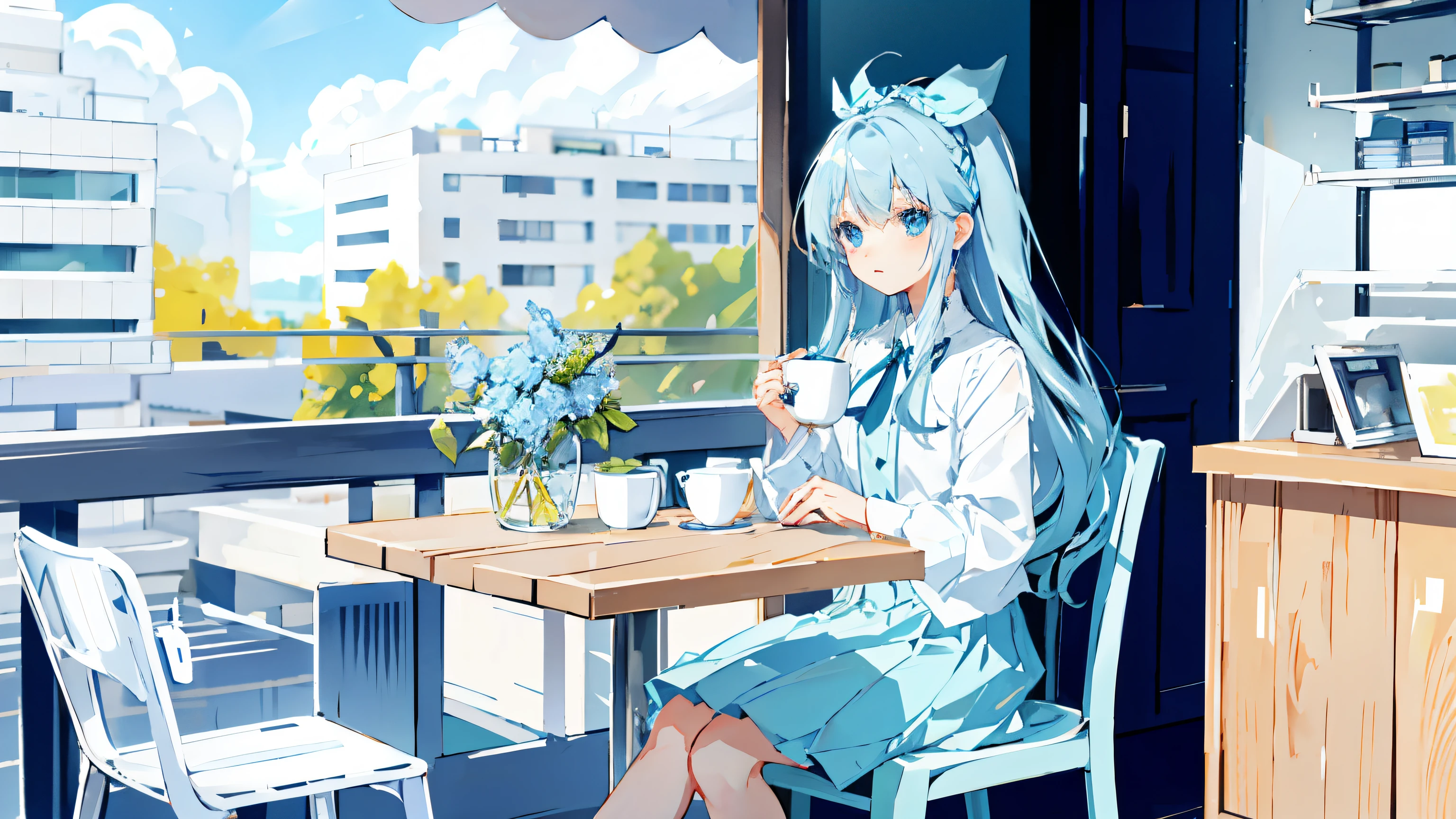 light blue long hair girl,Light blue gradient eyes,Exquisite hair accessories,casual simple skirt,coffee shop,white table and chairs,sit on the chair,The expression is lively and cute,Exquisite scenes,sky