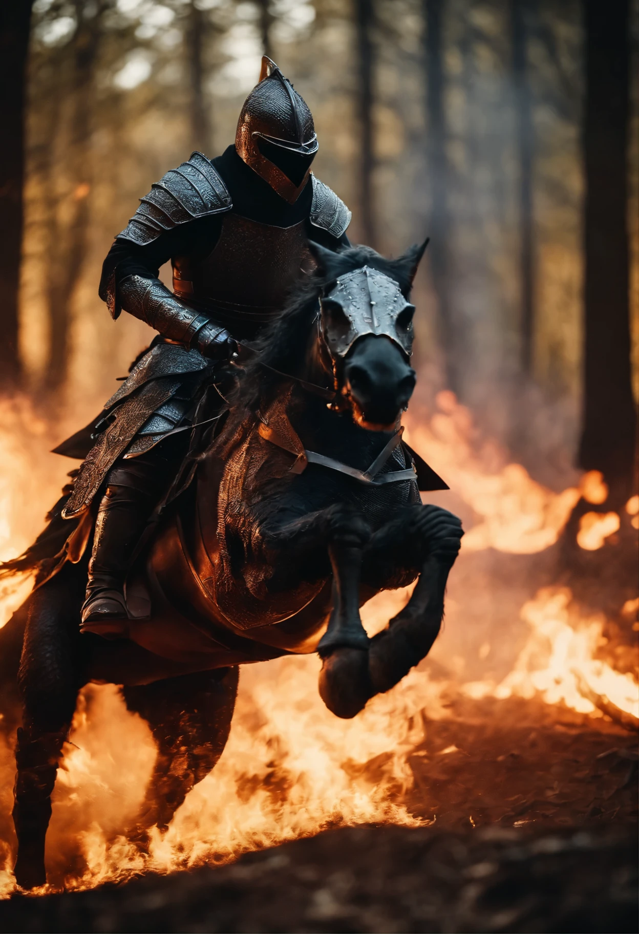 side view, camera angle 90⁰, create an image of a medieval knight in black armor, riding a giant and fierce dragon, in the background a burning forest, fragments of light and fire, vibrant colors, dark shadows, hyper detail, 3D , lumen reflections, 8k, impactful and cinematic action scene