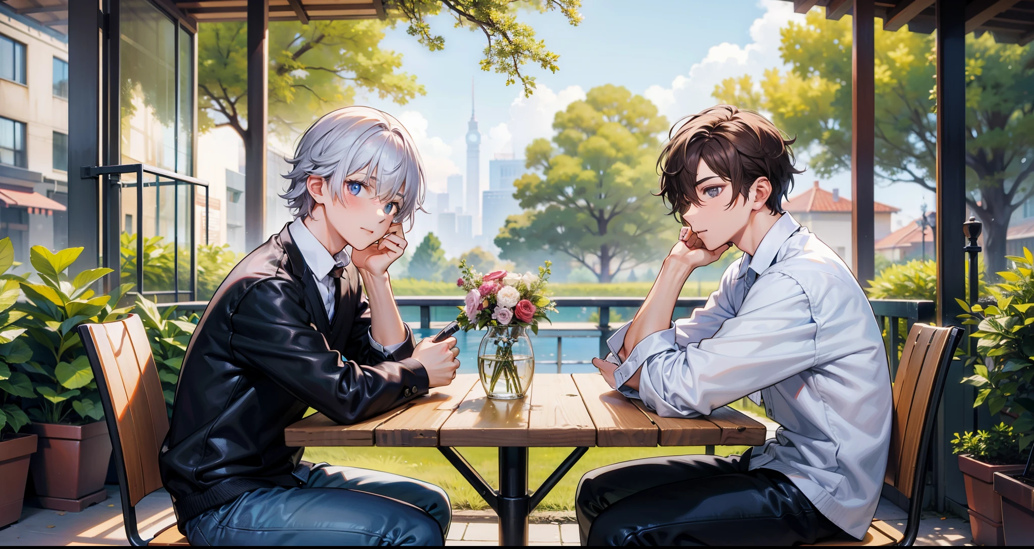 dos chicos, Silver hair boy and brown hair boy., hablando、un parque、Chicos les encanta、high resolution、Ultra detallado