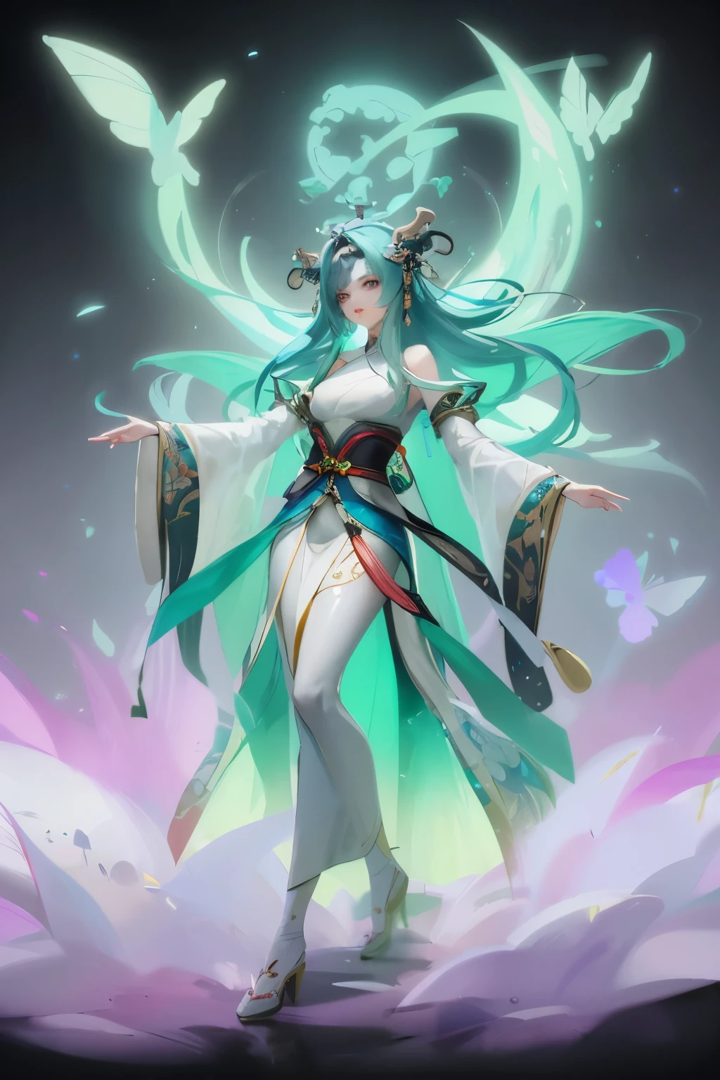 Close-up of a woman wearing a butterfly skirt, beautiful fantasy queen, ((beautiful fantasy queen)), full body xianxia, xianxia fantasy, Ethereal animation, Beautiful full body concept art, inspired by trees, Inspired by Leng Mei, palace , A girl wearing Hanfu, ethereal fantasy