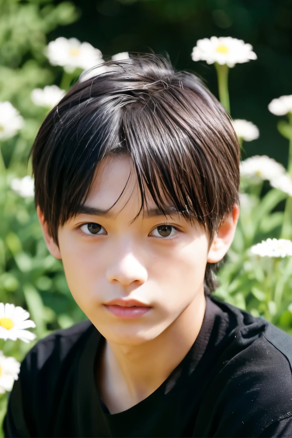 good quality skin、japanese men、(16 year old male:1.2)、cool look、white skin、cute eyes、Rin々new eyebrows、black hair、meadow background、high nose、thin lips、See-through bang、long hair