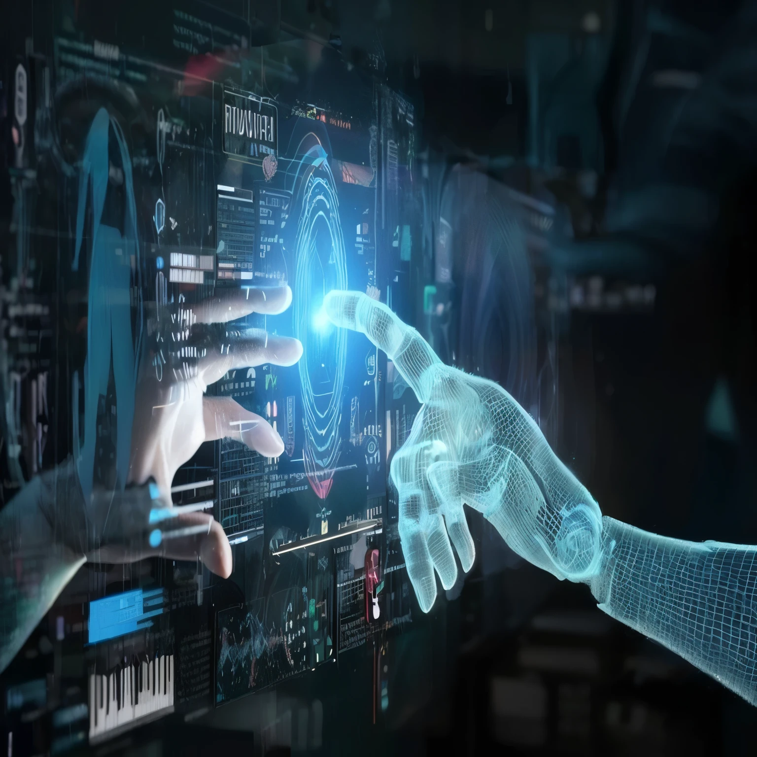 um close de uma pessoa tocando a tela de um computador com o dedo, infinite collaboration with AI, strong artificial intelligence, artificial intelligence, the image is futuristic, a vinda da singularidade da IA, com tema ai, artificial intelligence!!, Computadores e hologramas, cybernetic hands, holographic interface, Tecnologia Futura, integrated synthetic android, hologramas de dados, imagem ultra realista